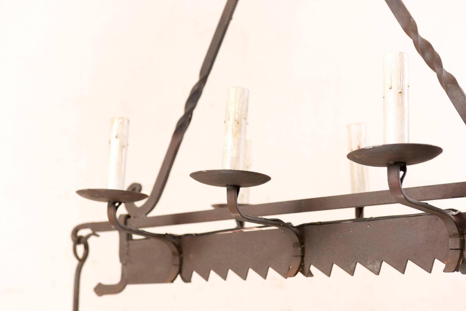 French Midcentury Six-Light Iron Chandelier Made from 19th Century Spit-Jack For Sale 2