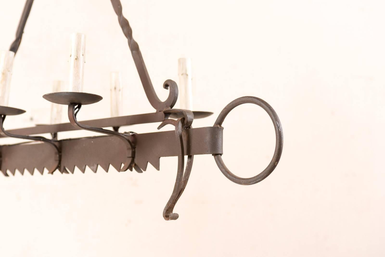 French Midcentury Six-Light Iron Chandelier Made from 19th Century Spit-Jack For Sale 4