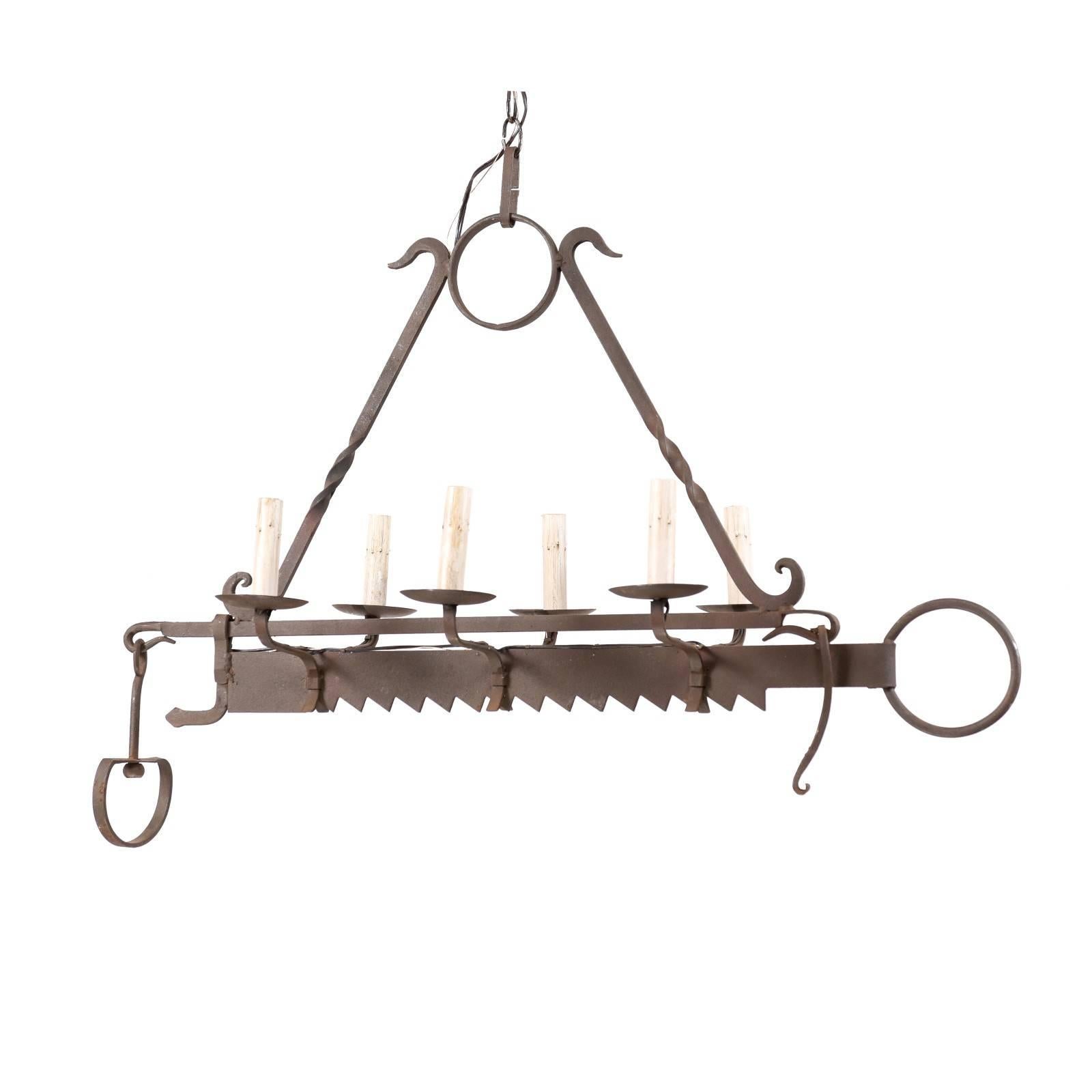French Midcentury Six-Light Iron Chandelier Made from 19th Century Spit-Jack For Sale
