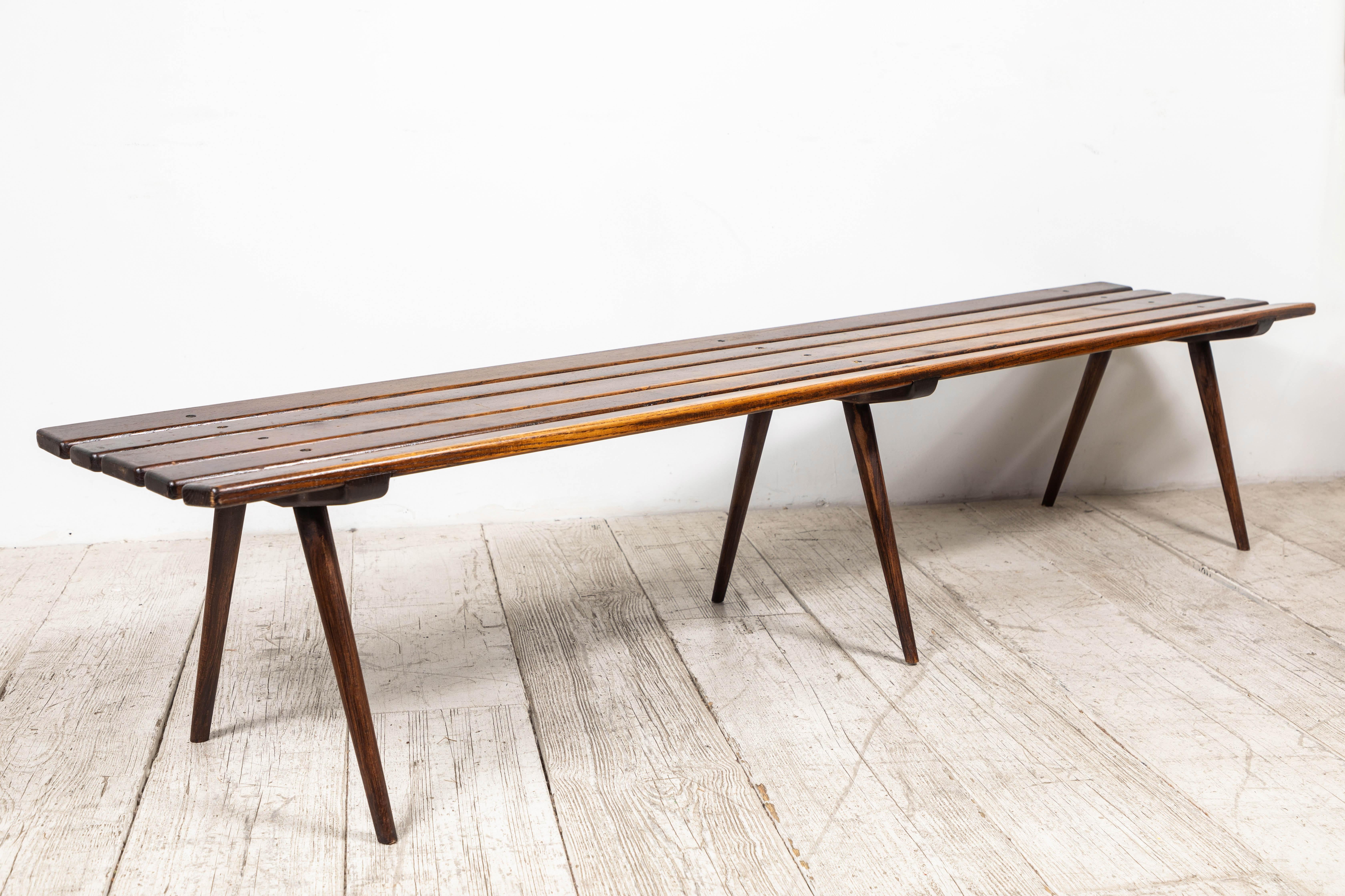 French Midcentury Slatted Wooden Low Bench 4