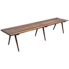 French Midcentury Slatted Wooden Low Bench