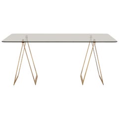 French Midcentury Smoked Glass and Brass Trestle Desk