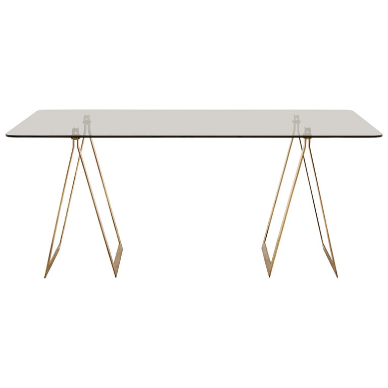 French Midcentury Smoked Glass and Brass Trestle Desk For Sale