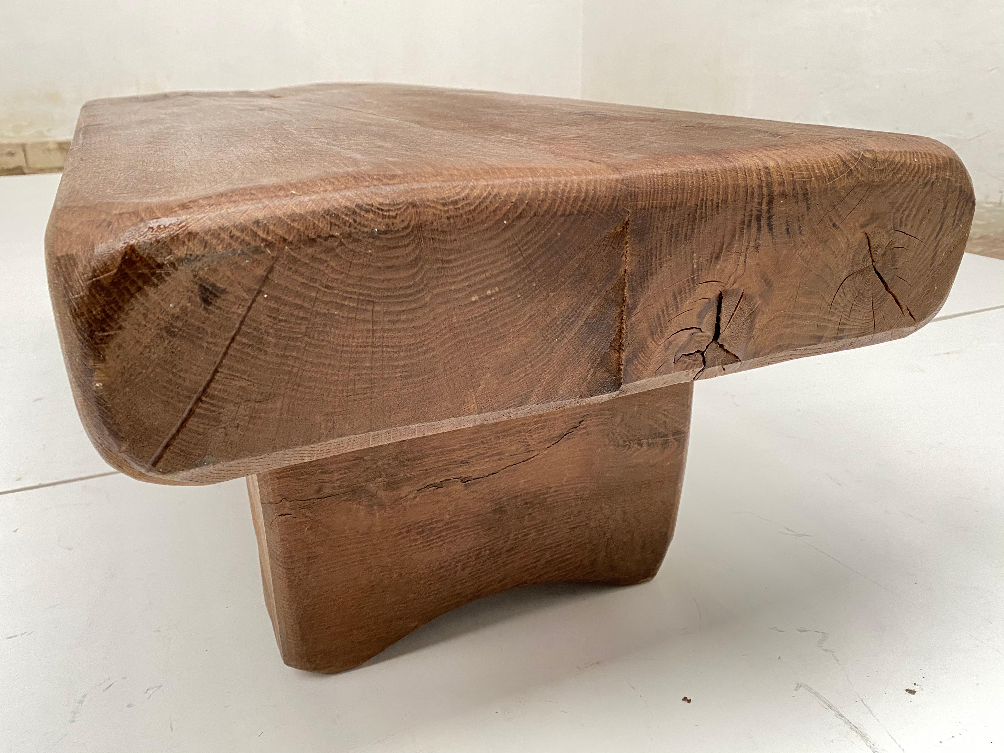 Hand-Carved French Midcentury Solid Rustic Carved Oak Side or Coffee Table, France, 1960s