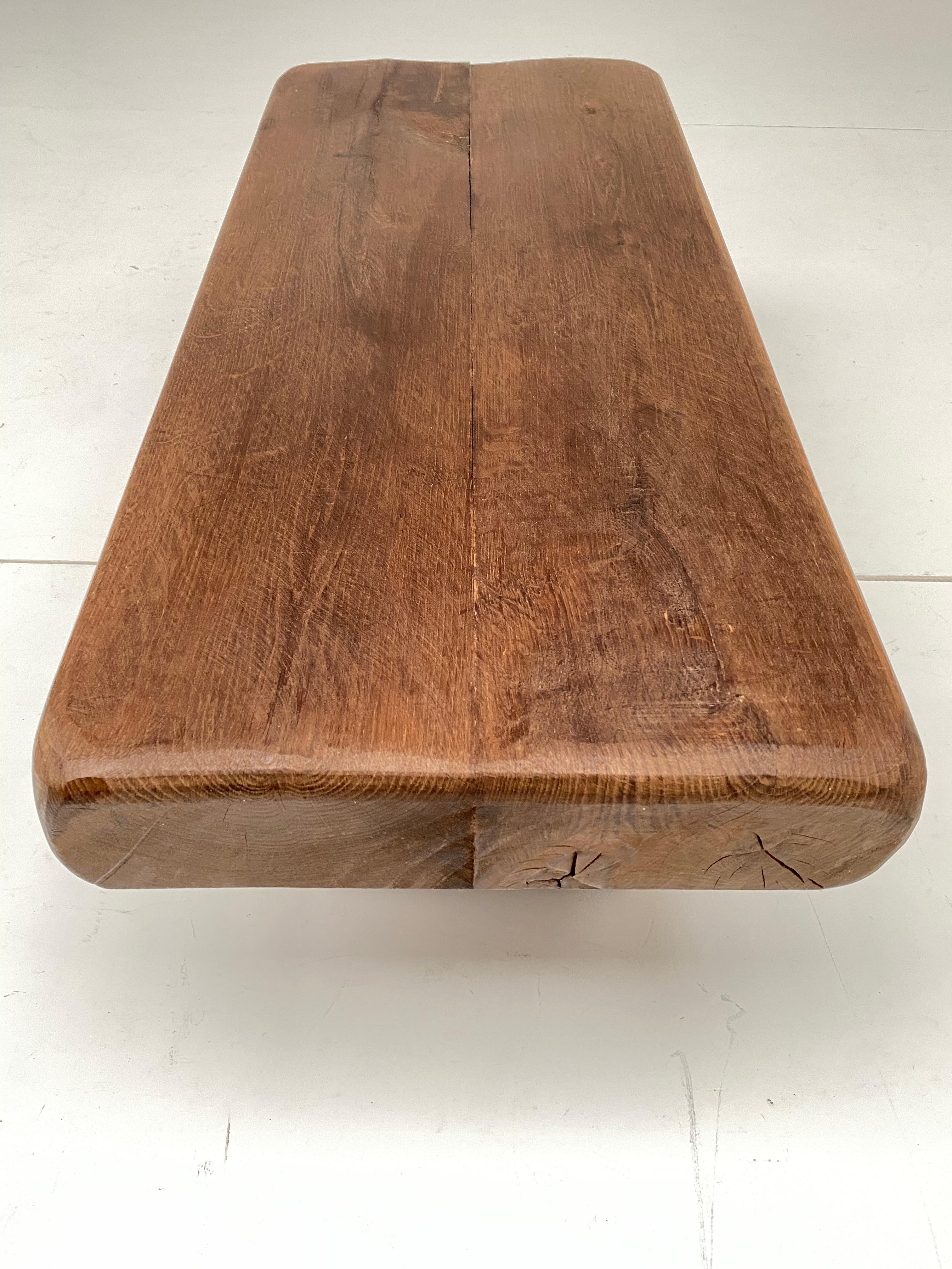 French Midcentury Solid Rustic Carved Oak Side or Coffee Table, France, 1960s 1