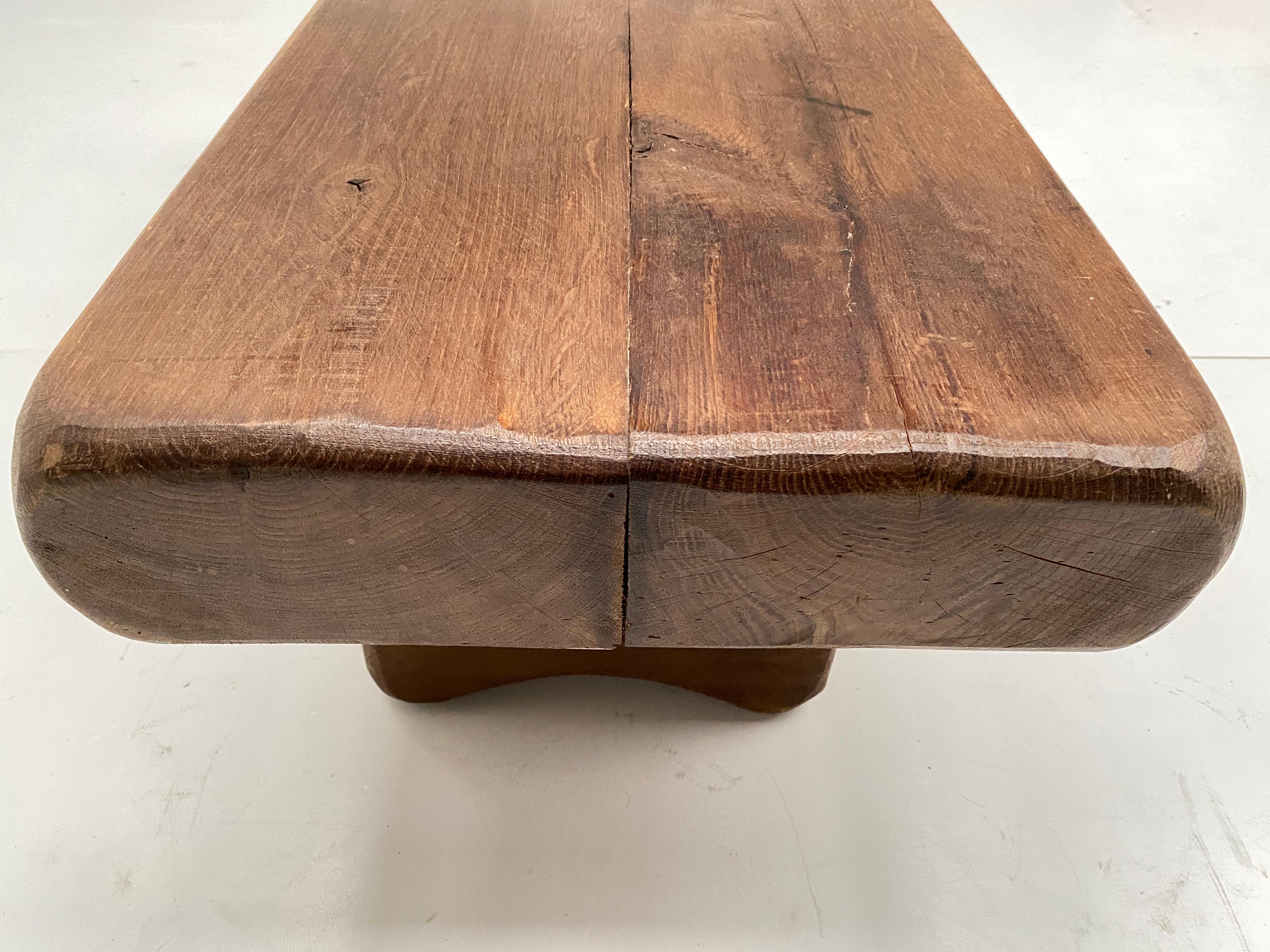 French Midcentury Solid Rustic Carved Oak Side or Coffee Table, France, 1960s 2