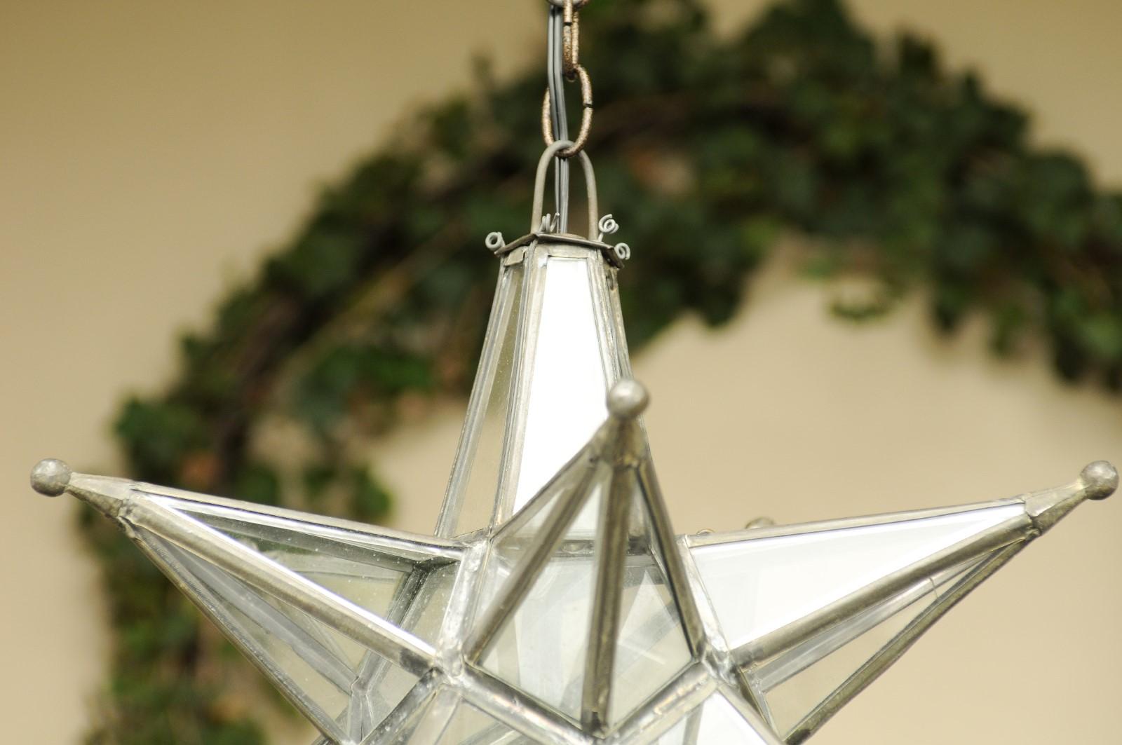 Mid-Century Modern French Midcentury Star Light Pendant with Lead Glass Panels and Metal Frame