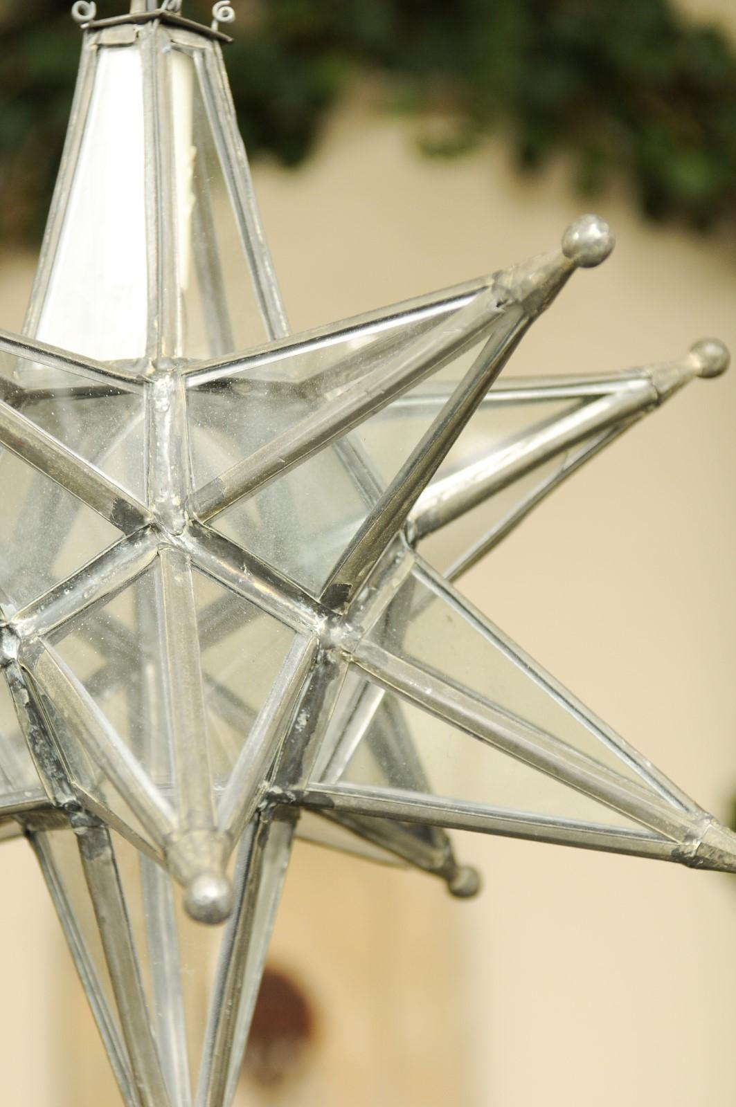 French Midcentury Star Light Pendant with Lead Glass Panels and Metal Frame 1