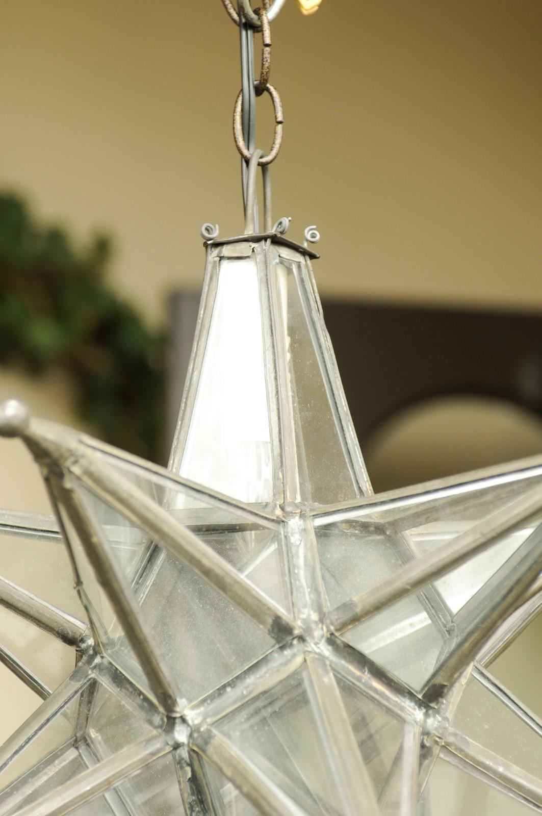 French Midcentury Star Light Pendant with Lead Glass Panels and Metal Frame 2