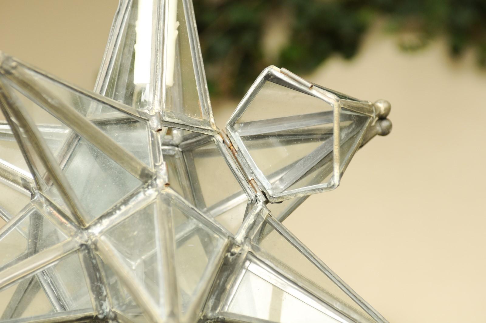 French Midcentury Star Light Pendant with Lead Glass Panels and Metal Frame 3