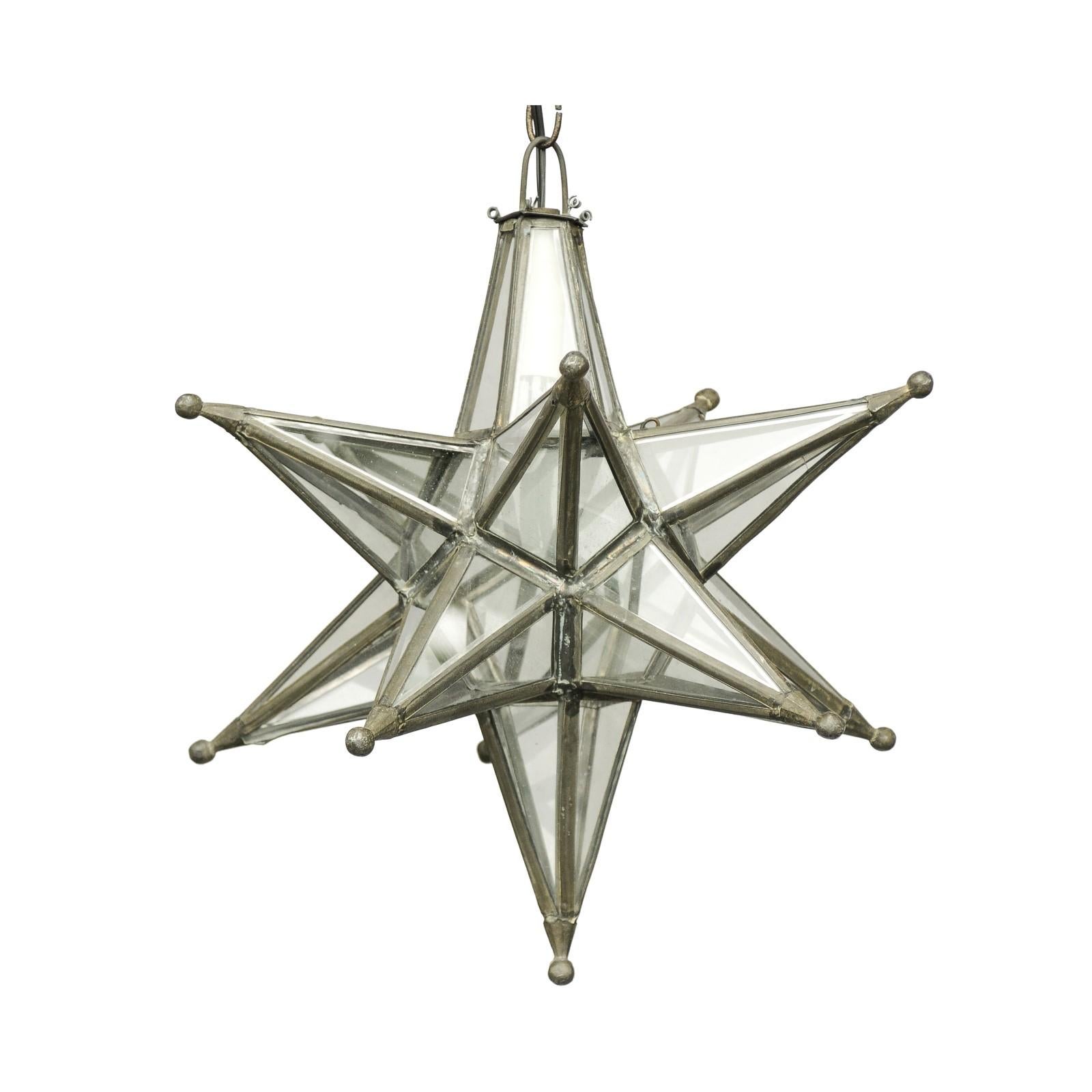 French Midcentury Star Light Pendant with Lead Glass Panels and Metal Frame