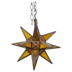 French Midcentury Star Light Pendant with Metal Frame and Amber Glass Panels