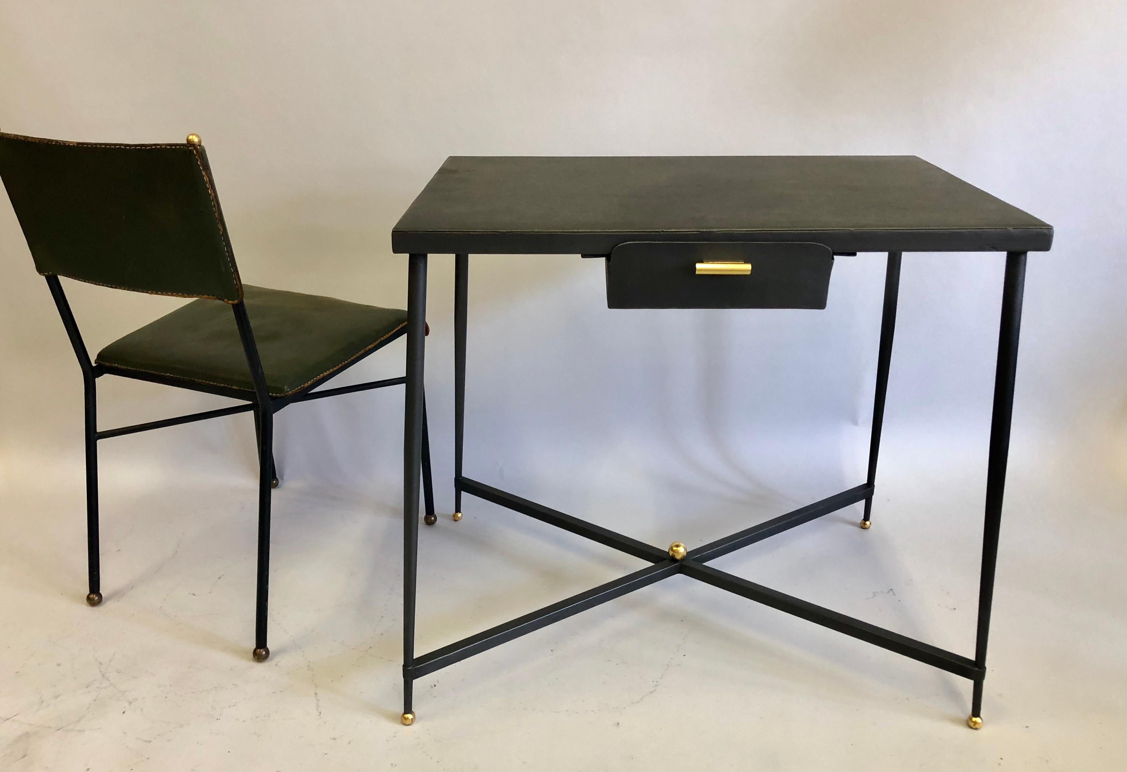 Mid-Century Modern French Midcentury Steel and Brass Desk with Leather Desk Chair by Jacques Adnet