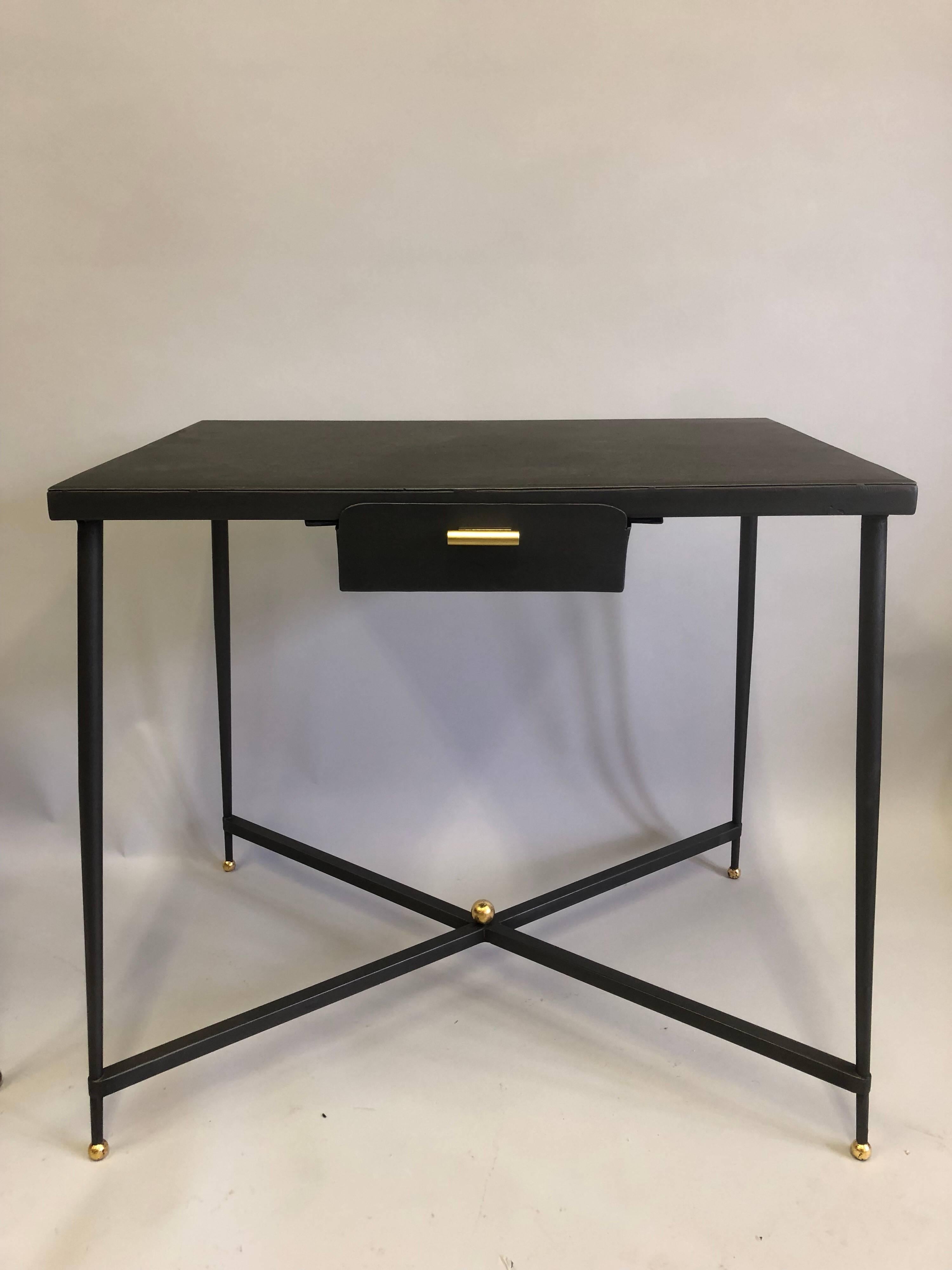 French Midcentury Steel and Brass Desk with Leather Desk Chair by Jacques Adnet In Good Condition In New York, NY
