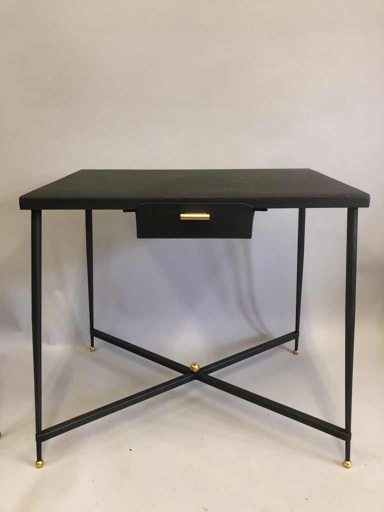 French Midcentury Steel and Brass Desk with Leather Desk Chair by