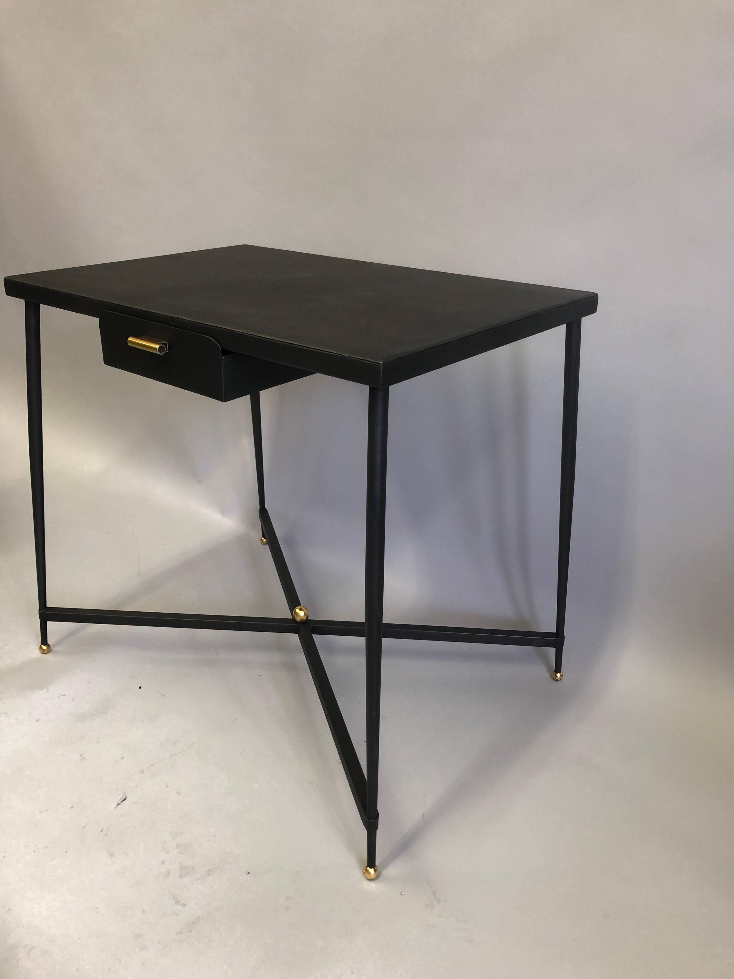 20th Century French Midcentury Steel and Brass Desk with Leather Desk Chair by Jacques Adnet