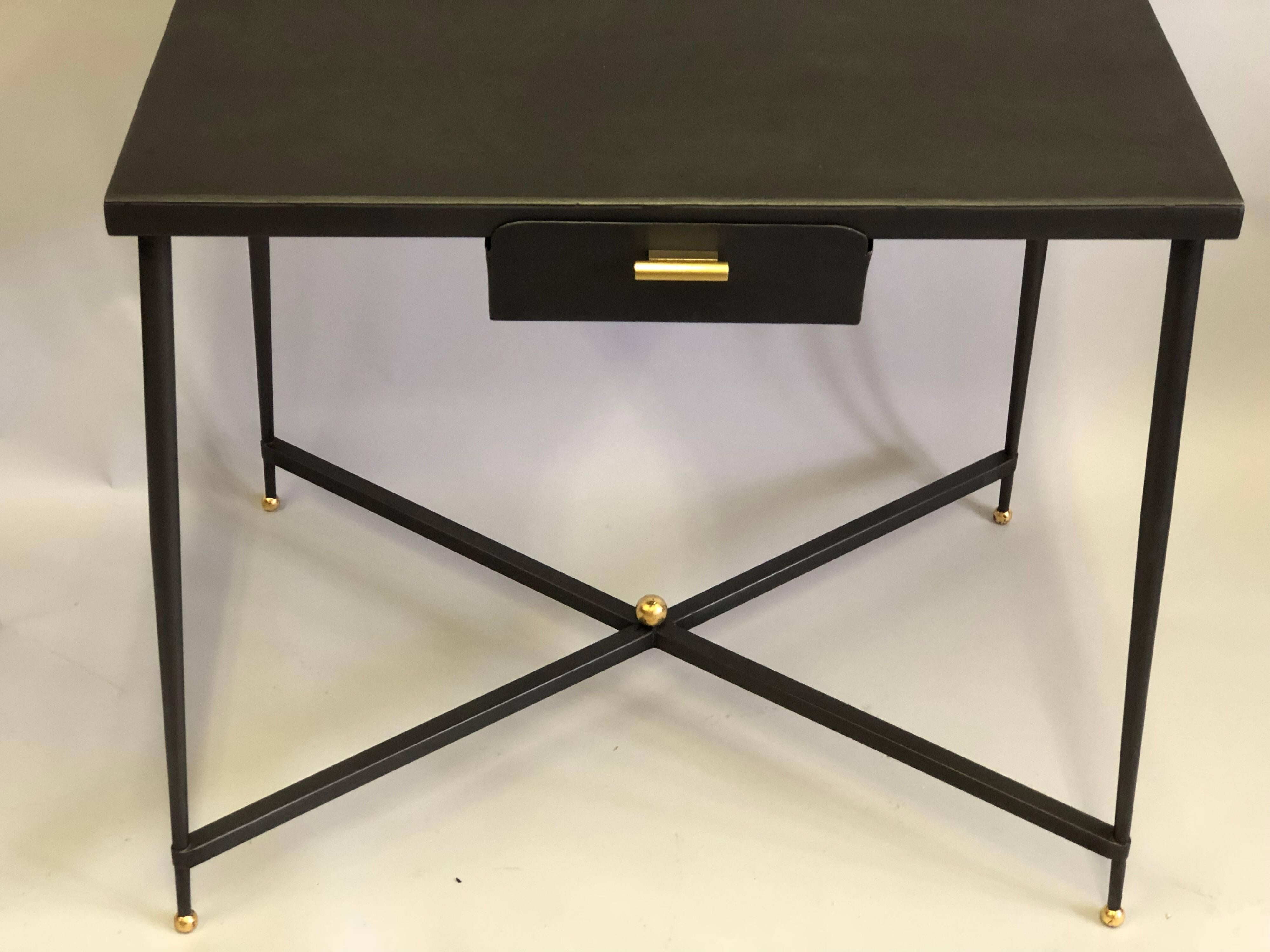 French Midcentury Steel and Brass Desk with Leather Desk Chair by Jacques Adnet 1