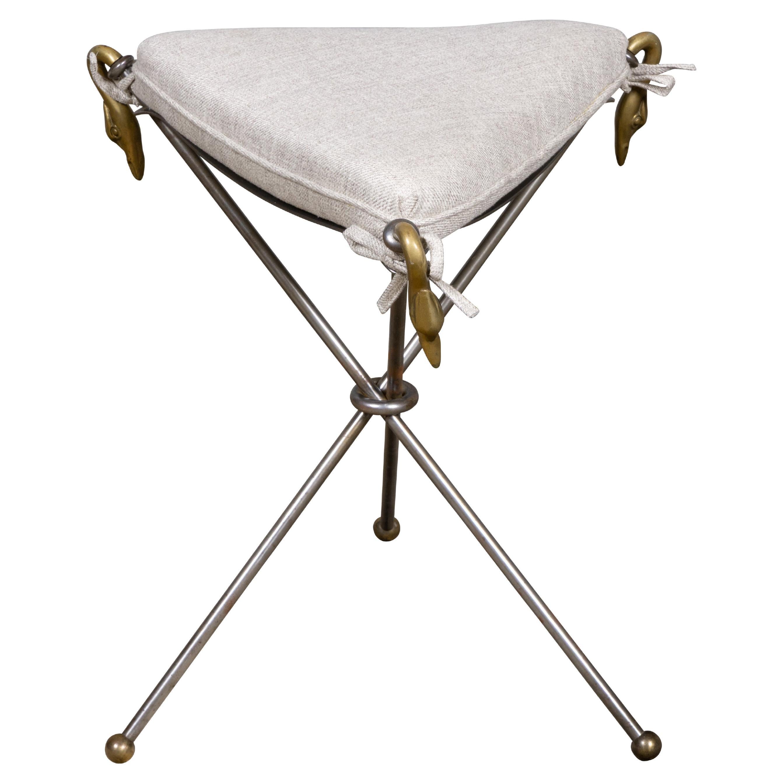 French Midcentury Steel and Brass Tripod Stool in the Style of Maison Jansen