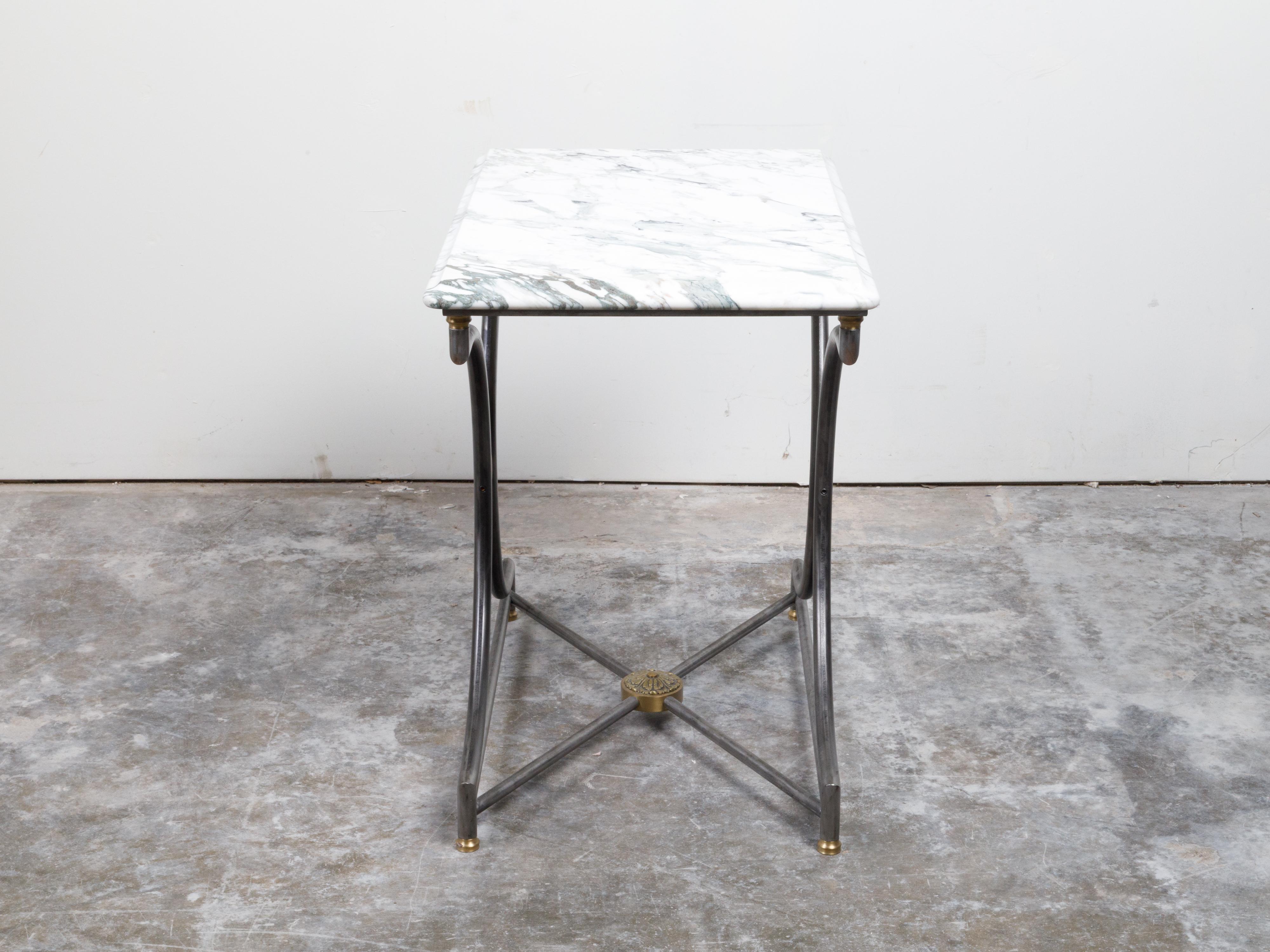 French Midcentury Steel and Bronze Console Table with White Veined Marble Top For Sale 5