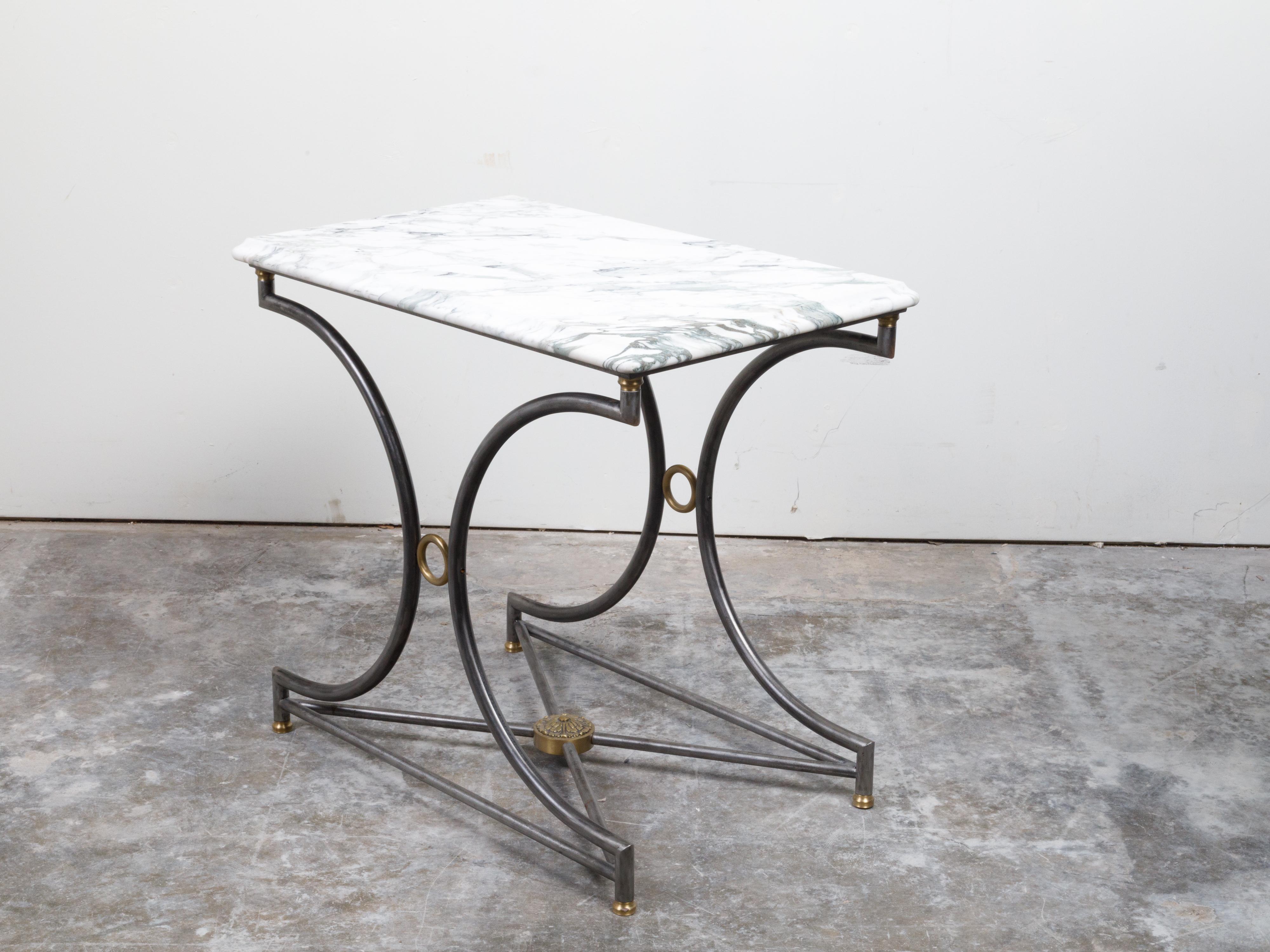 French Midcentury Steel and Bronze Console Table with White Veined Marble Top For Sale 6