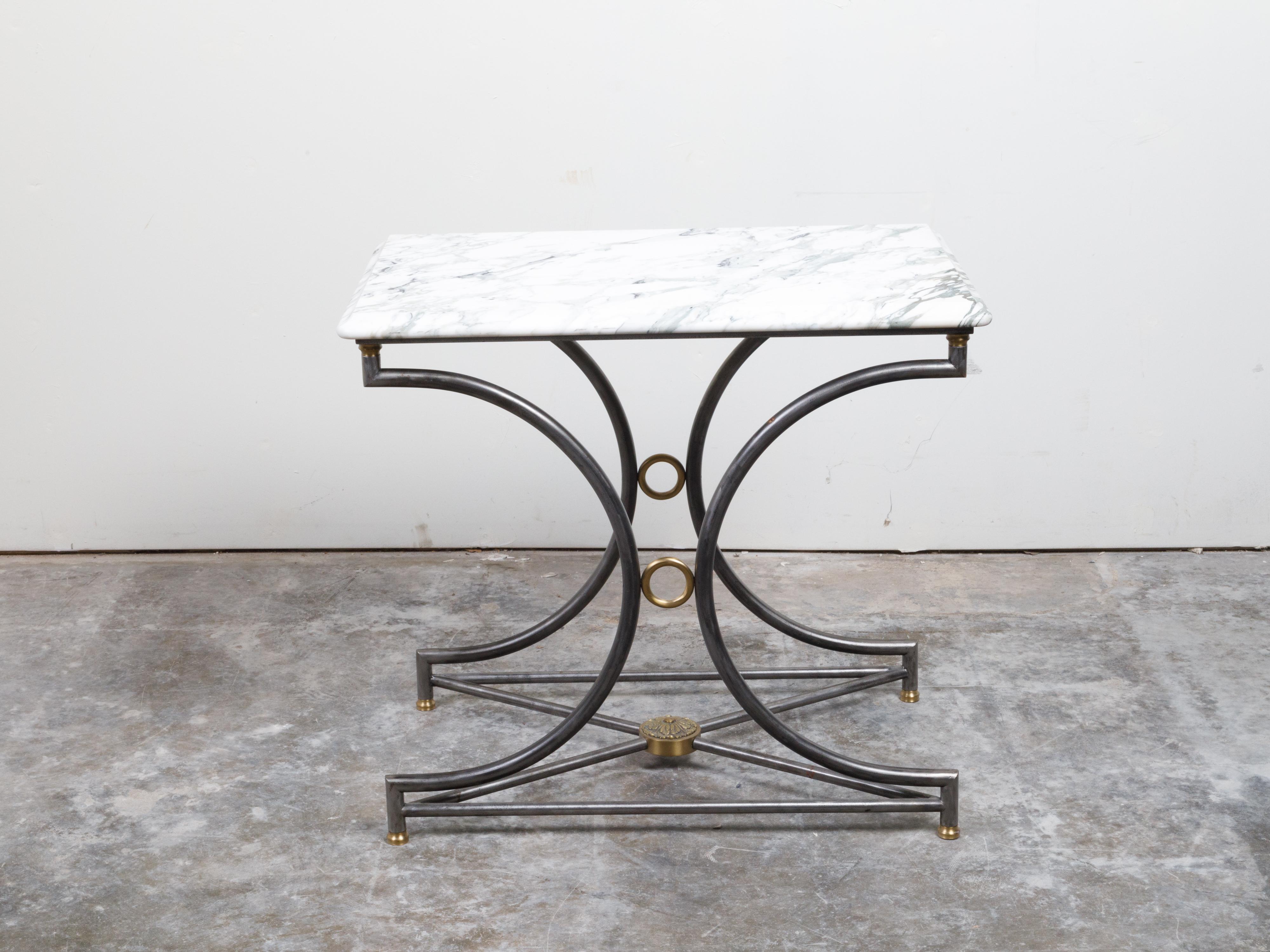 French Midcentury Steel and Bronze Console Table with White Veined Marble Top For Sale 7