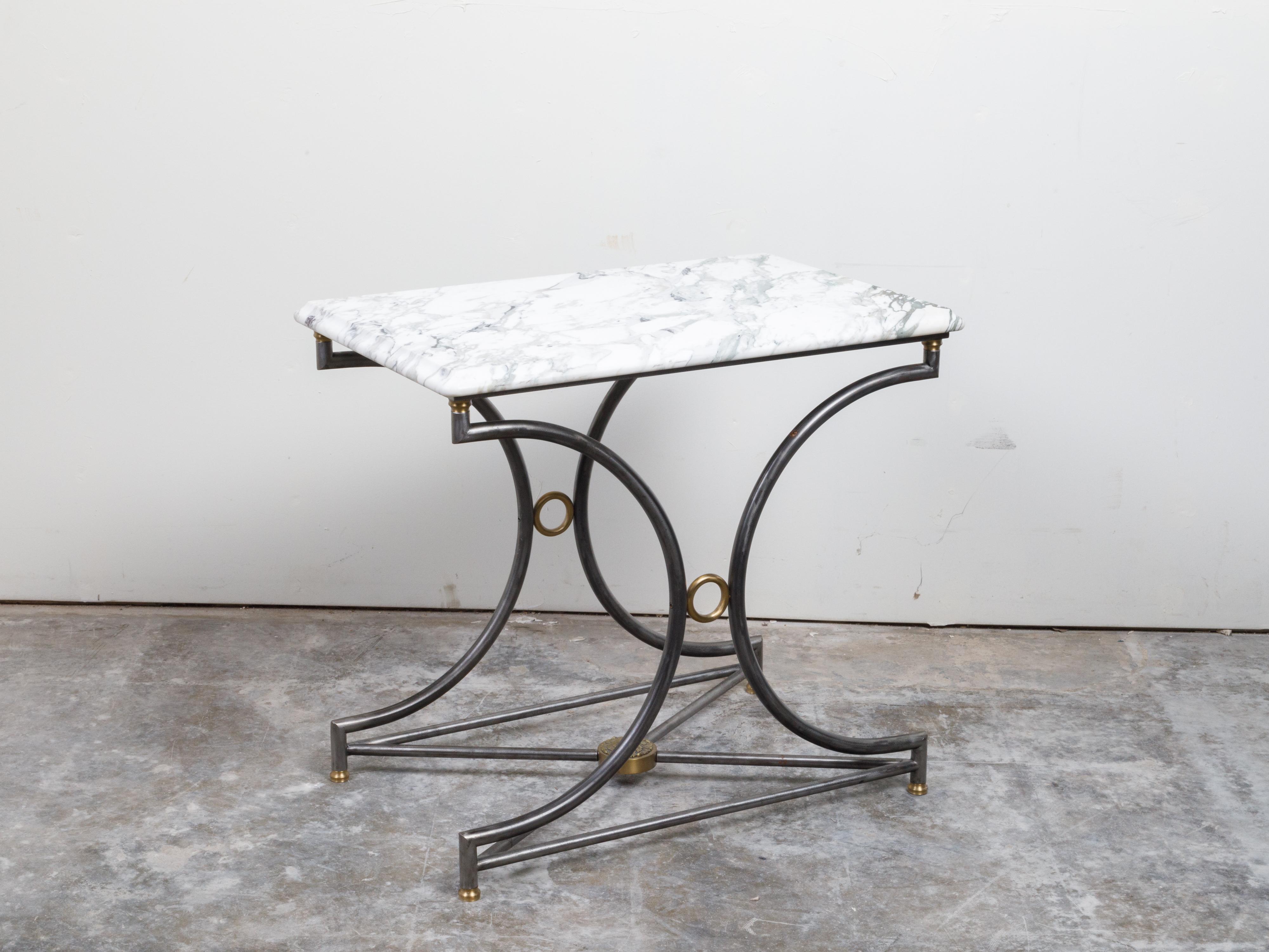 French Midcentury Steel and Bronze Console Table with White Veined Marble Top For Sale 8