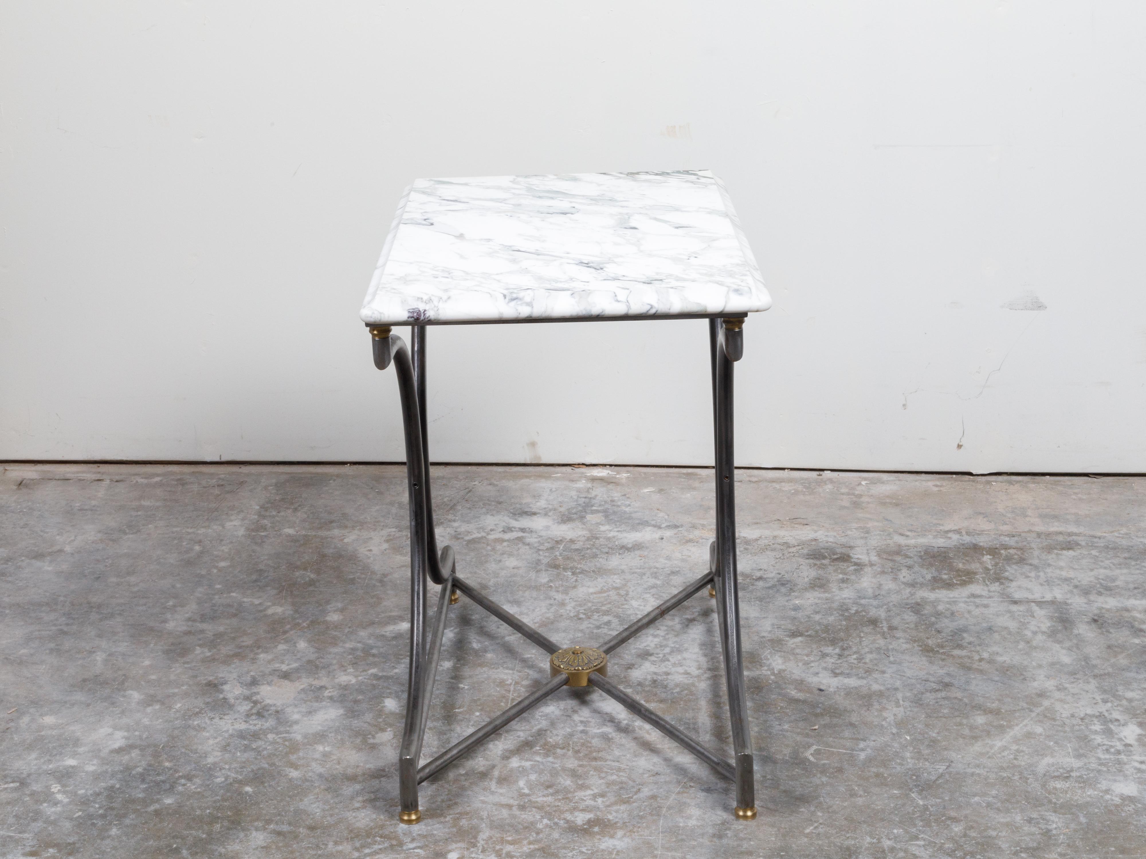 French Midcentury Steel and Bronze Console Table with White Veined Marble Top For Sale 9