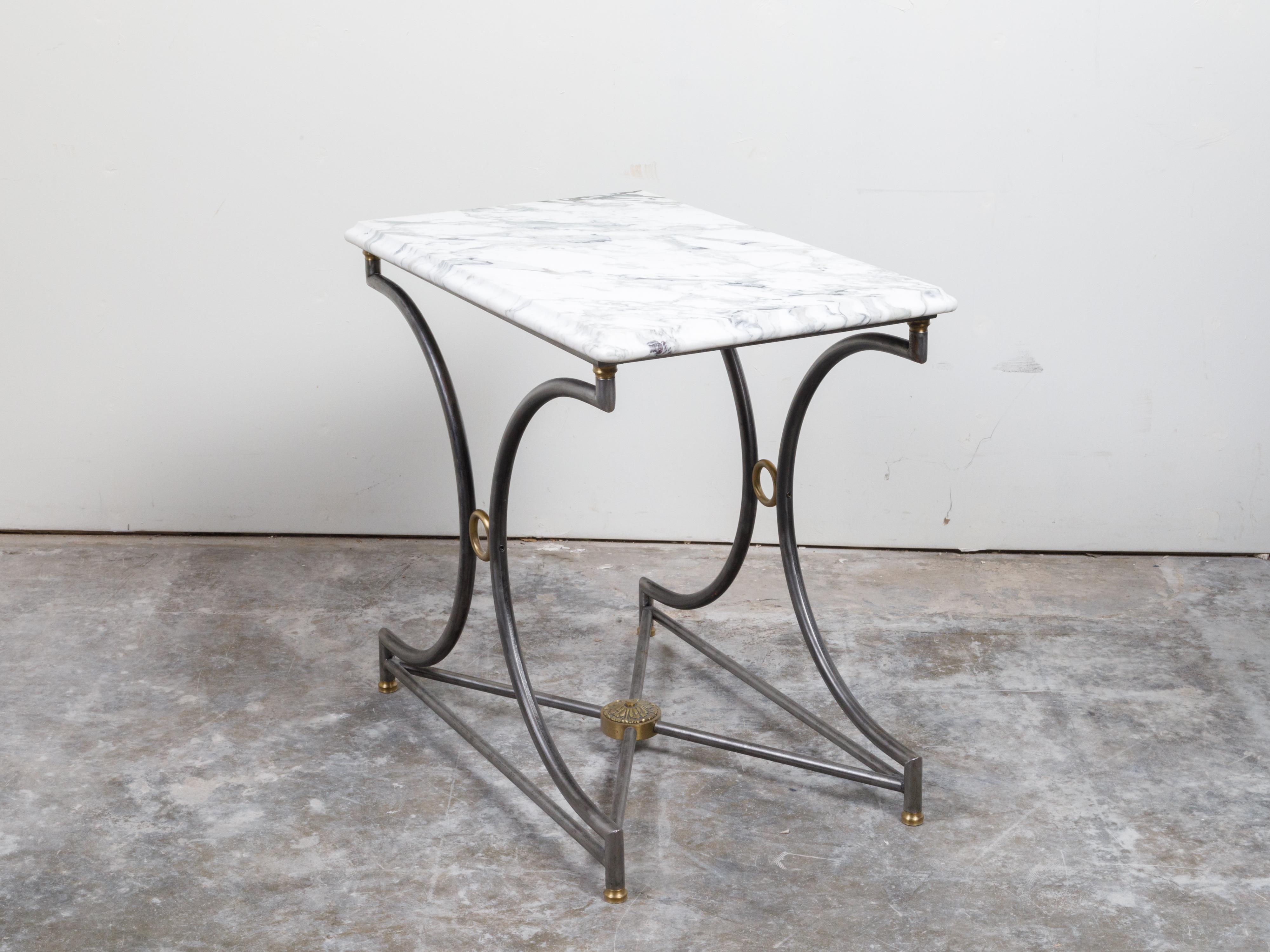 French Midcentury Steel and Bronze Console Table with White Veined Marble Top For Sale 10