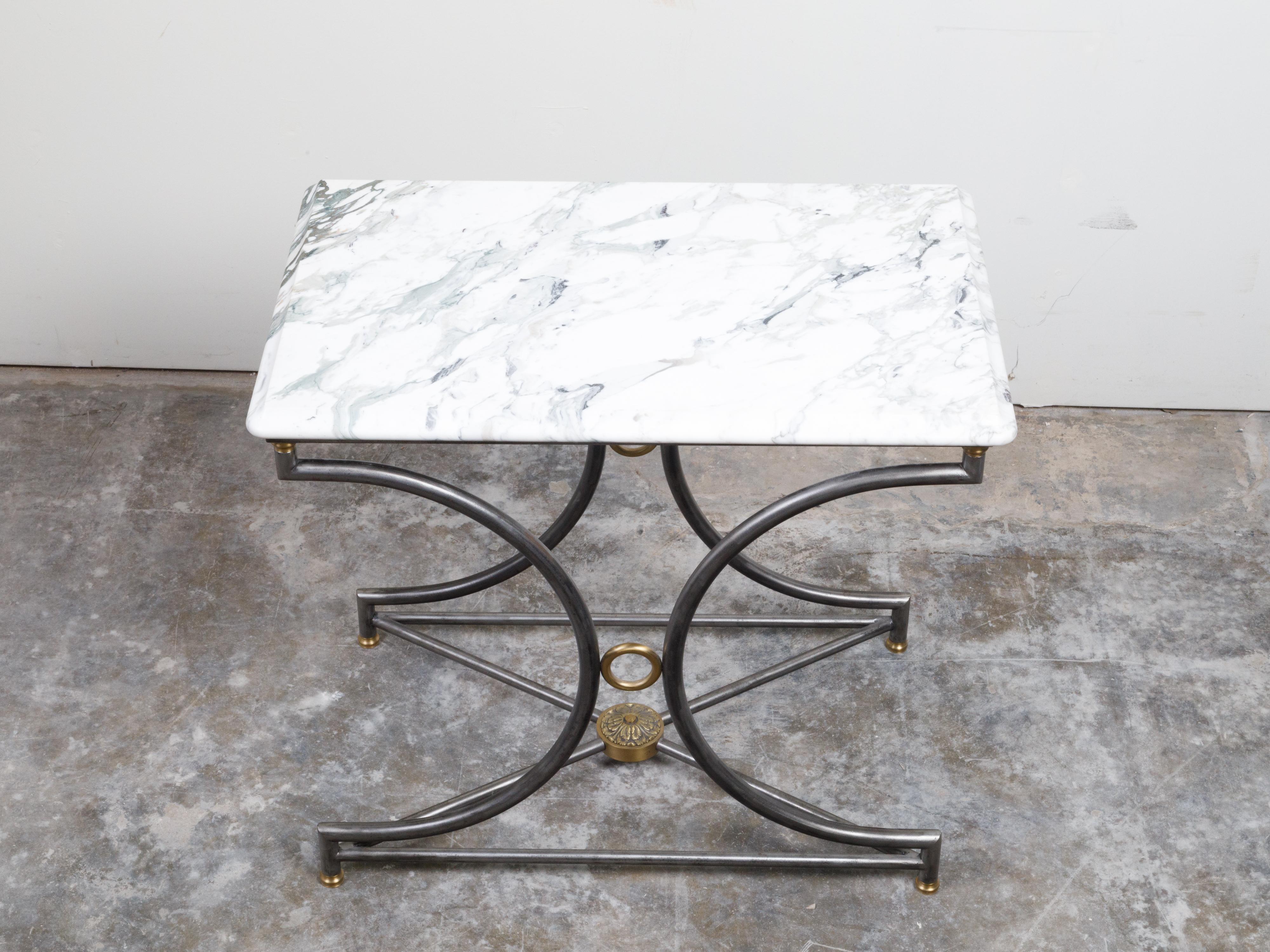 French Midcentury Steel and Bronze Console Table with White Veined Marble Top For Sale 3
