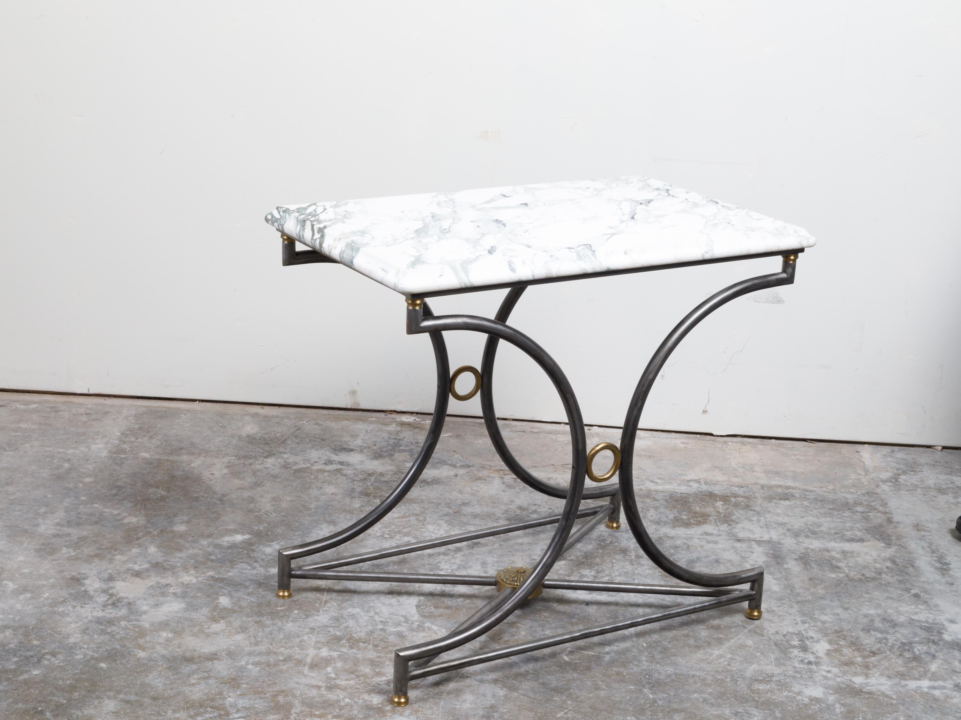 French Midcentury Steel and Bronze Console Table with White Veined Marble Top For Sale 4