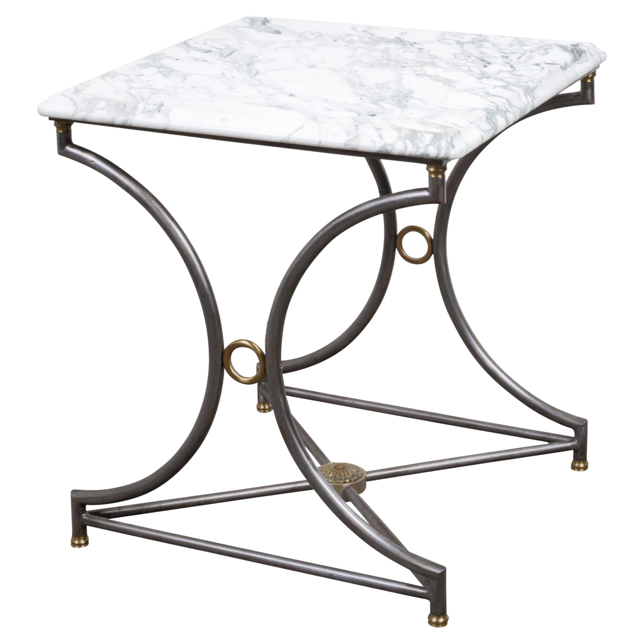 French Mid-Century Steel and Bronze Console Table with White Veined Marble Top