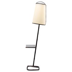 French Midcentury Steel and Leather Floor Lamp with Table by Jacques Adnet