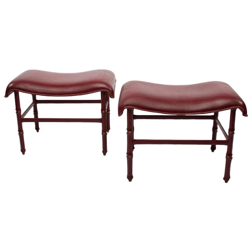 French Midcentury Steel, Bronze, Dark Red Leather Stools by Jacques Adnet