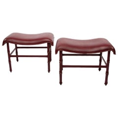 French Midcentury Steel, Bronze, Dark Red Leather Stools by Jacques Adnet