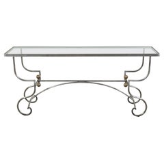 French Midcentury Steel Console Table with Glass Top, Spheres and Scrolling Feet