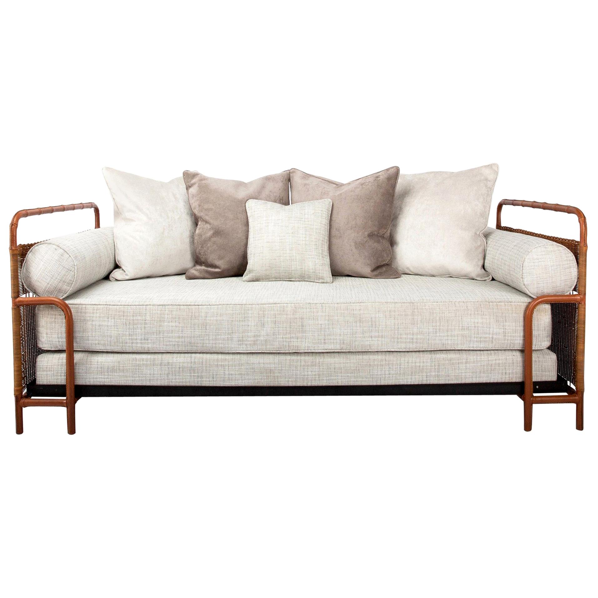 French Midcentury Steel, Leather faux bamboo and Rattan Daybed, Jacques Adnet