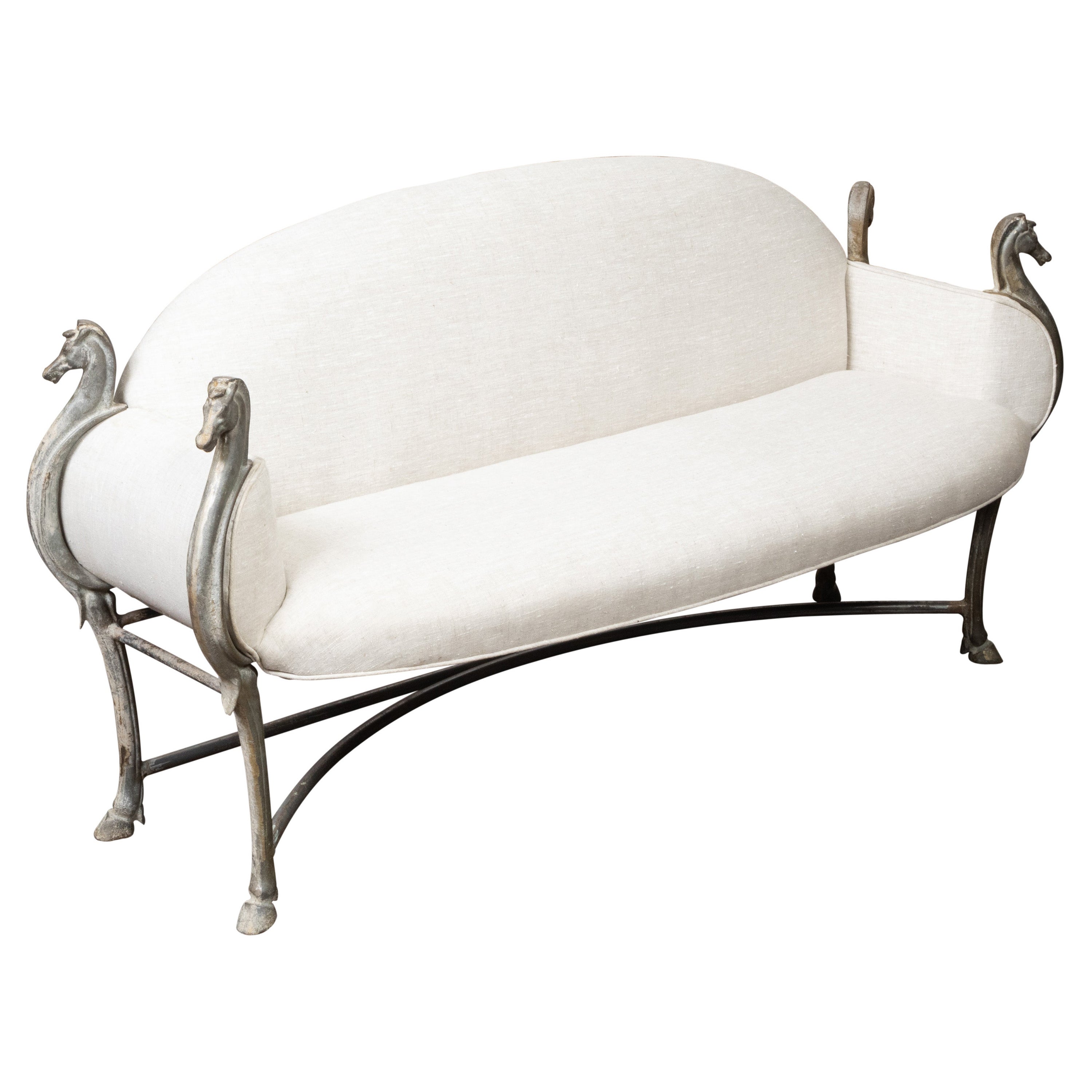 French Midcentury Steel Settee with Horse Heads, Hoof Feet and New Upholstery