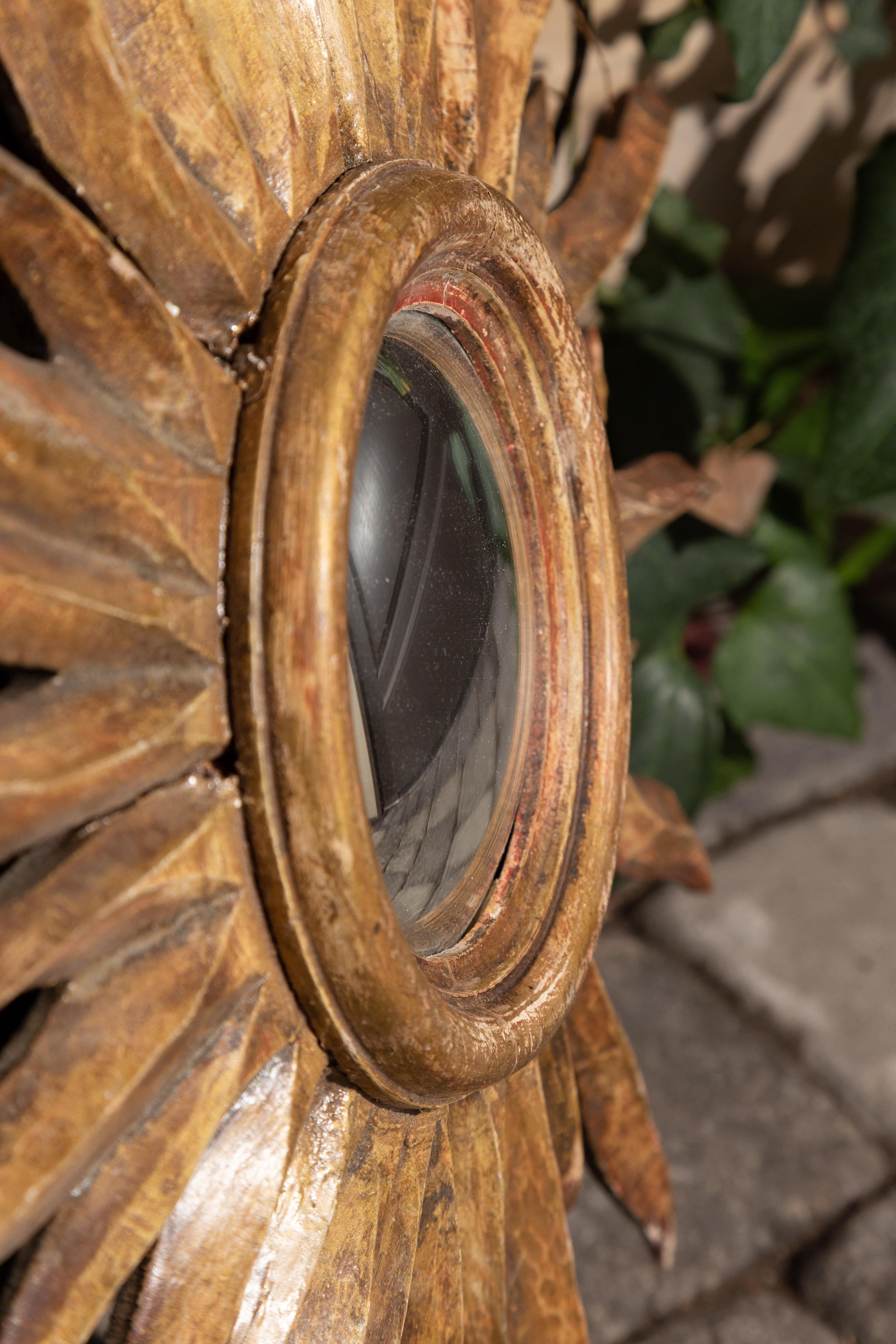 Wood French Midcentury Sunburst Mirror with Convex Glass and Wavy Sun Rays