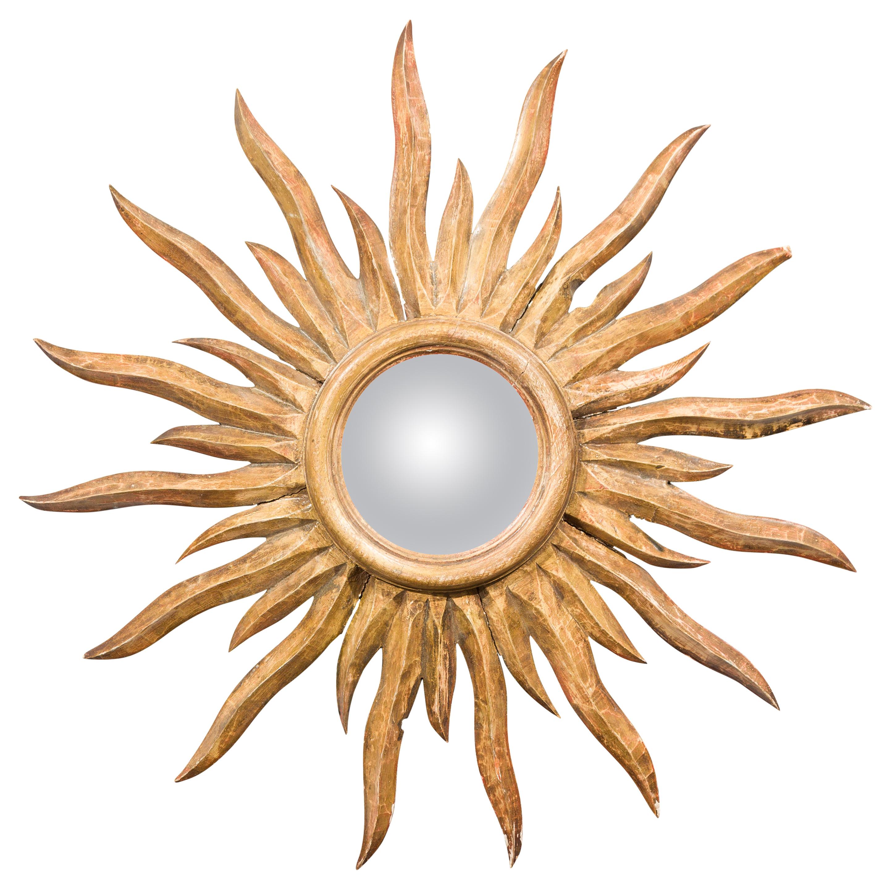 French Midcentury Sunburst Mirror with Convex Glass and Wavy Sun Rays