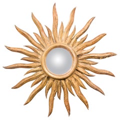 French Midcentury Sunburst Mirror with Convex Glass and Wavy Sun Rays