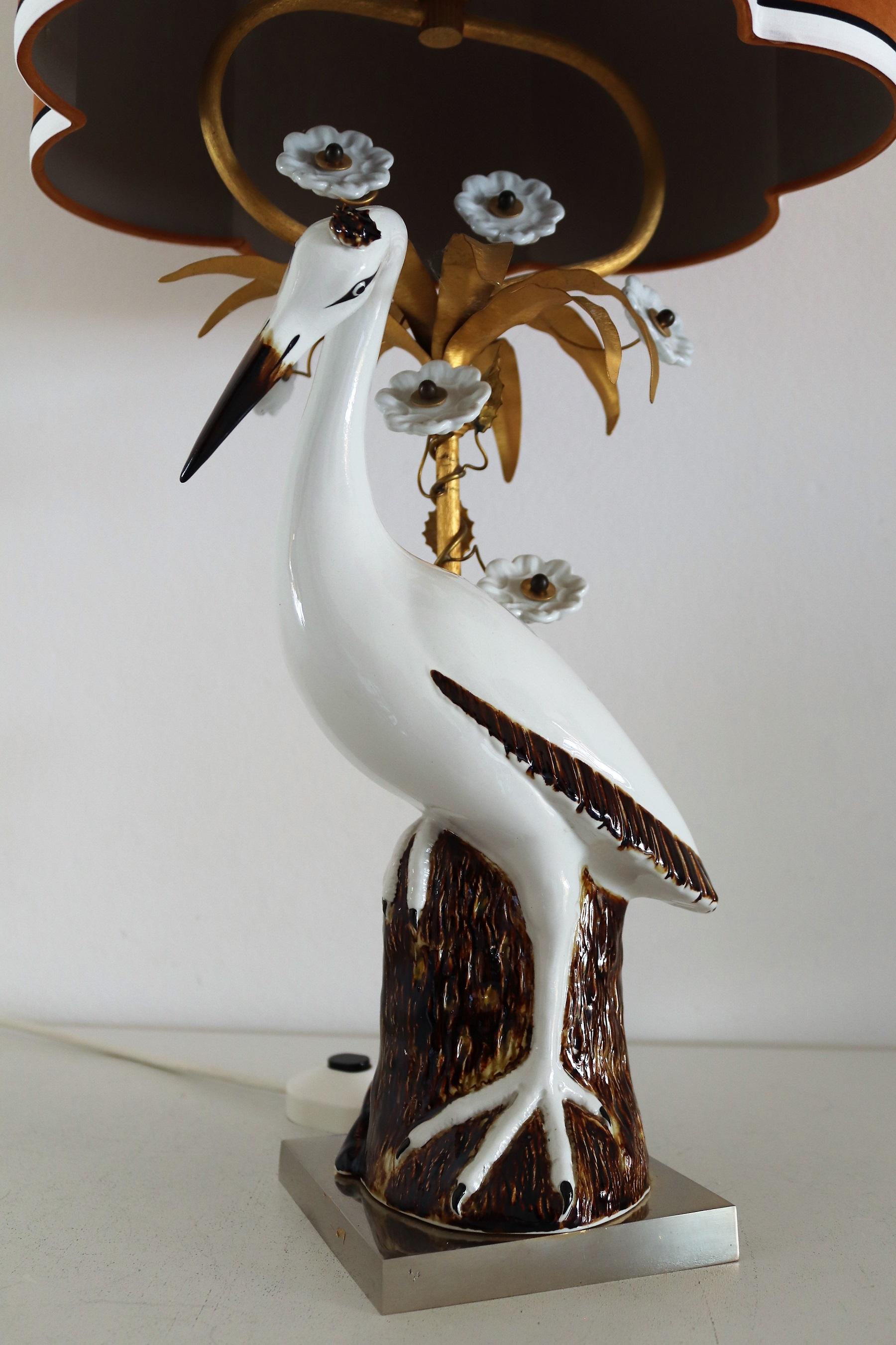 French Table Lamp with Porcelain Crane or Heron and Flowers, 1970s For Sale 4