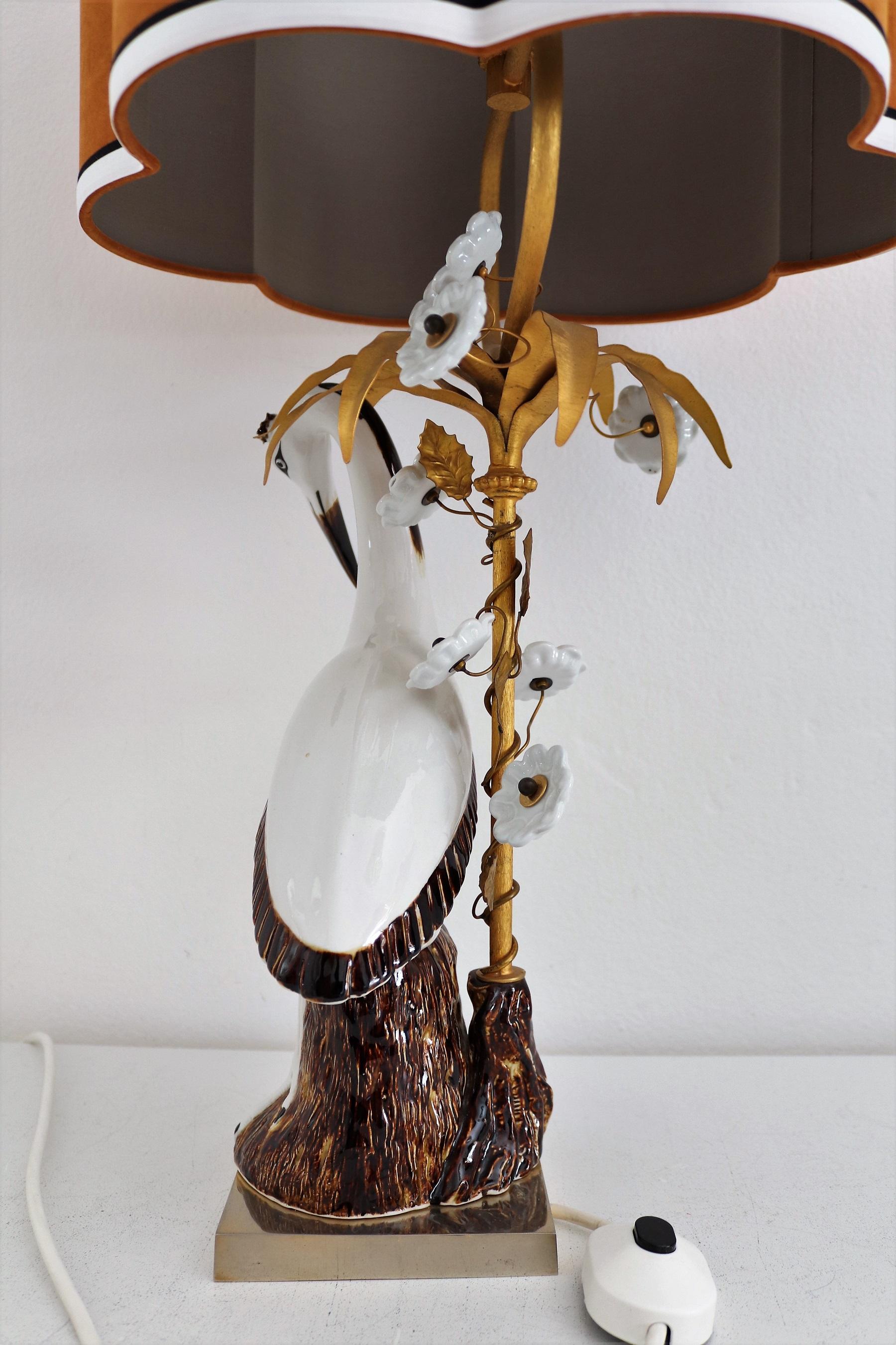 French Table Lamp with Porcelain Crane or Heron and Flowers, 1970s For Sale 6