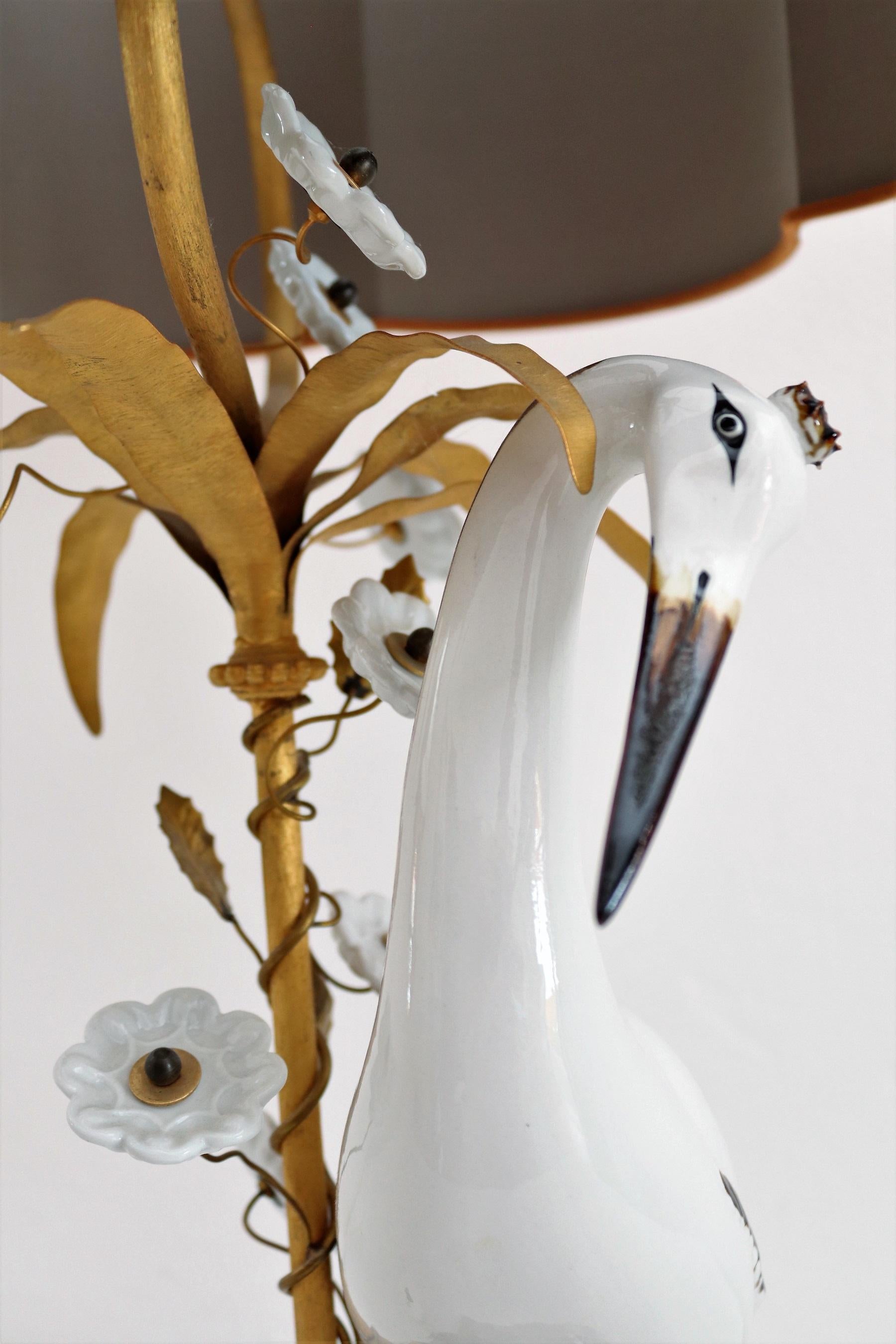 French Table Lamp with Porcelain Crane or Heron and Flowers, 1970s For Sale 9