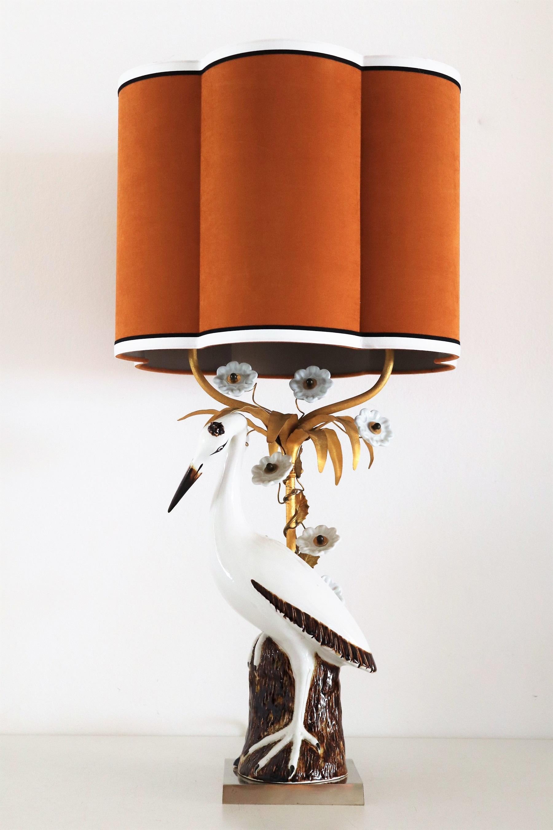 French Table Lamp with Porcelain Crane or Heron and Flowers, 1970s For Sale 13