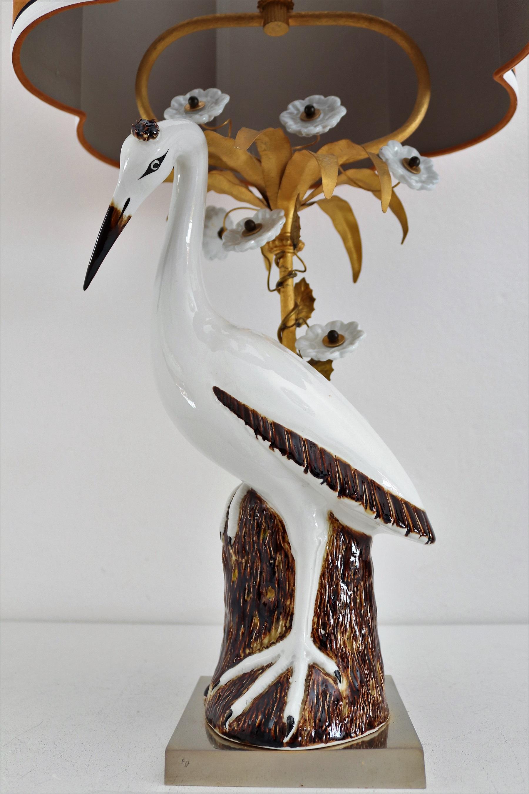 Gilt French Table Lamp with Porcelain Crane or Heron and Flowers, 1970s For Sale