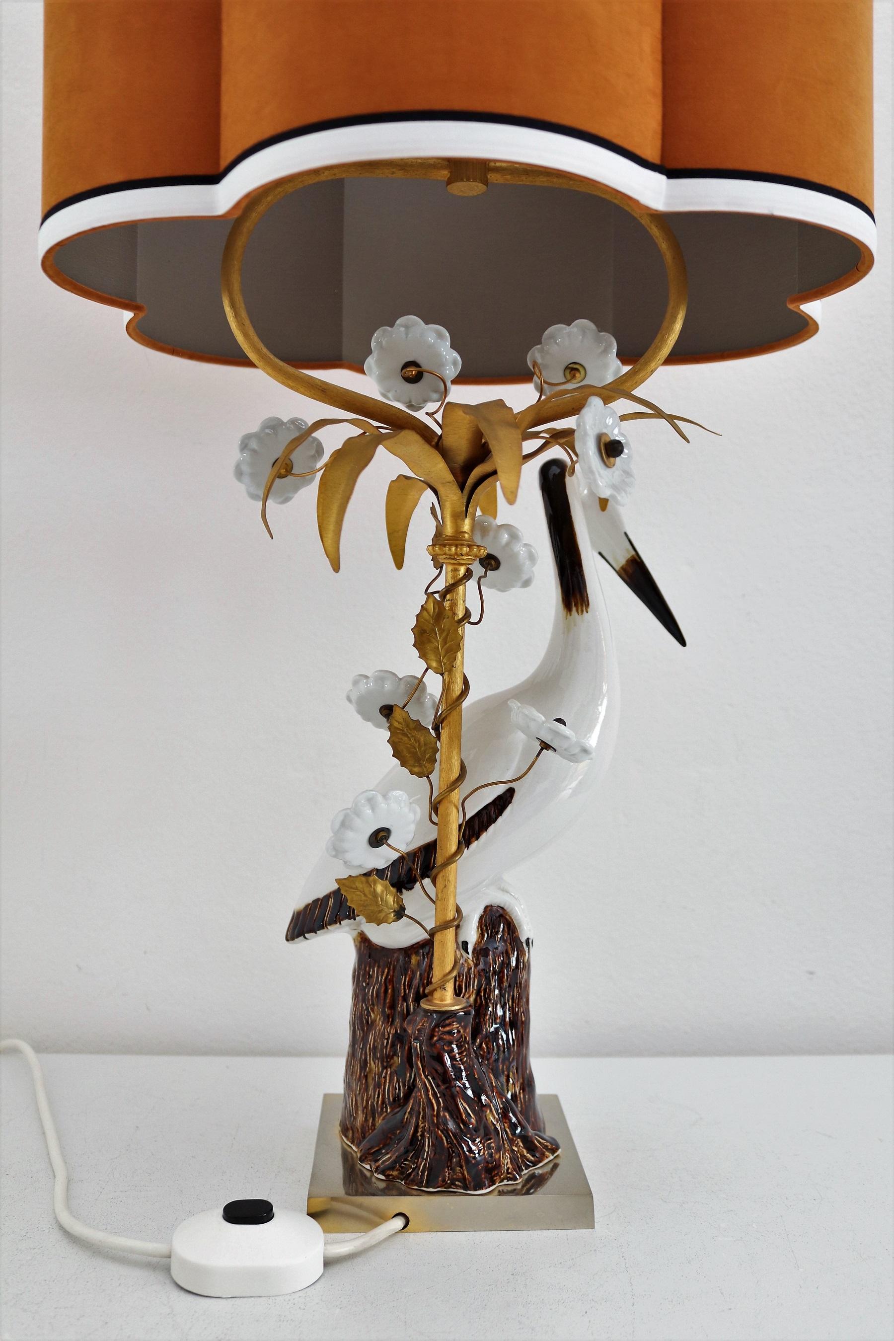 Late 20th Century French Table Lamp with Porcelain Crane or Heron and Flowers, 1970s For Sale