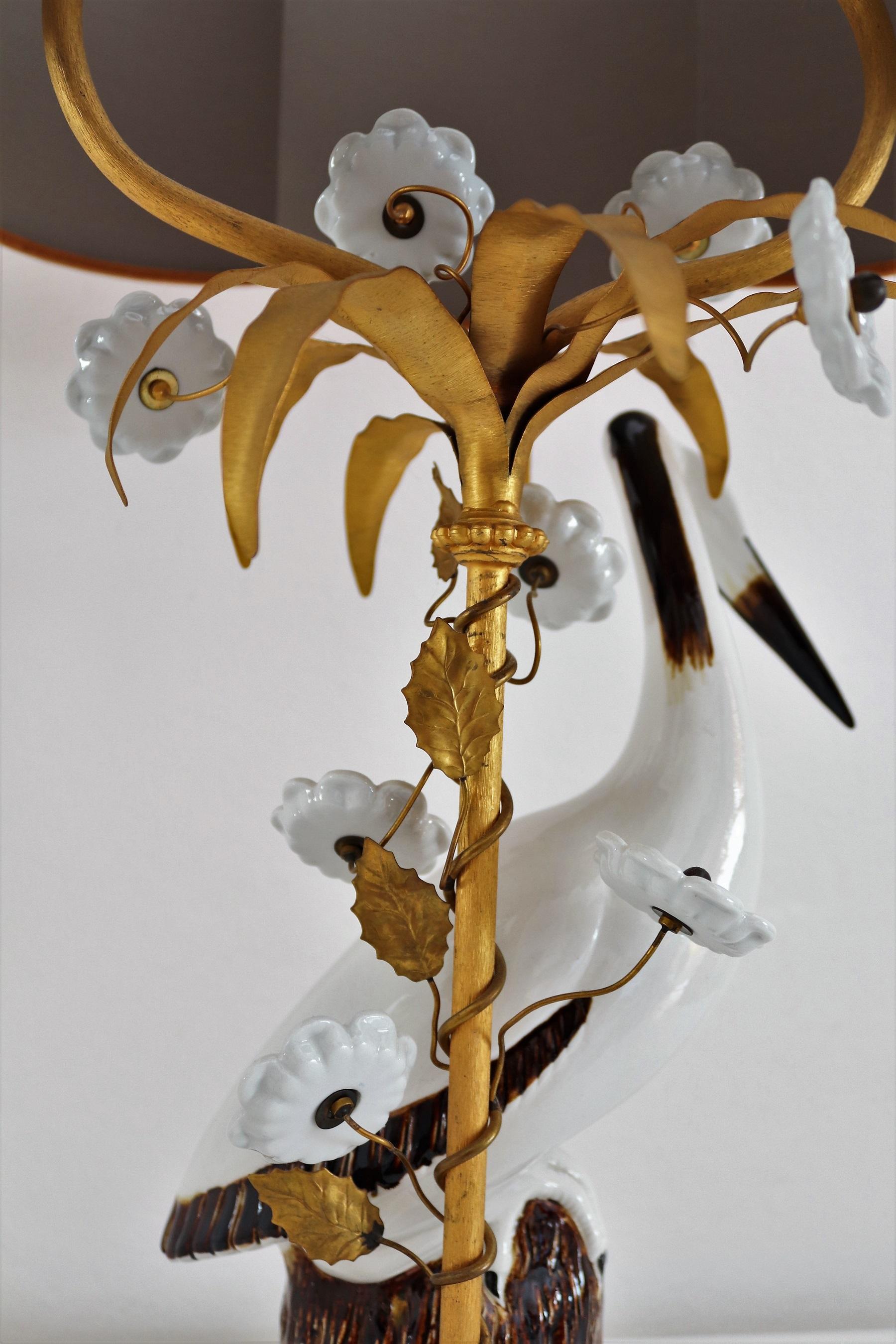 Metal French Table Lamp with Porcelain Crane or Heron and Flowers, 1970s For Sale