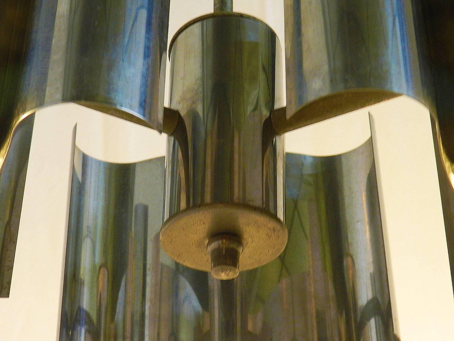 French three-light chandelier curved metal.
A sleek Space Age midcentury pendant light.
Very good original condition.
This can be re-wired and tested to USA or UK and European standards please ask.
Free Shipping Options available 
We will always do
