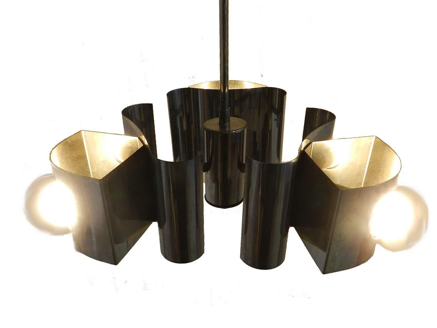 Mid-Century Modern French Midcentury Three-Light Chandelier Metal Pendant Light For Sale
