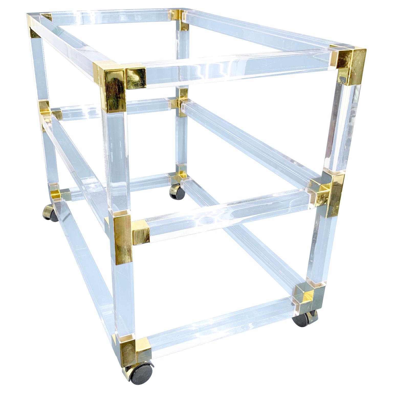20th Century French Mid-Century Three-Tier Bar Cart Trolley In Lucite And Brass For Sale